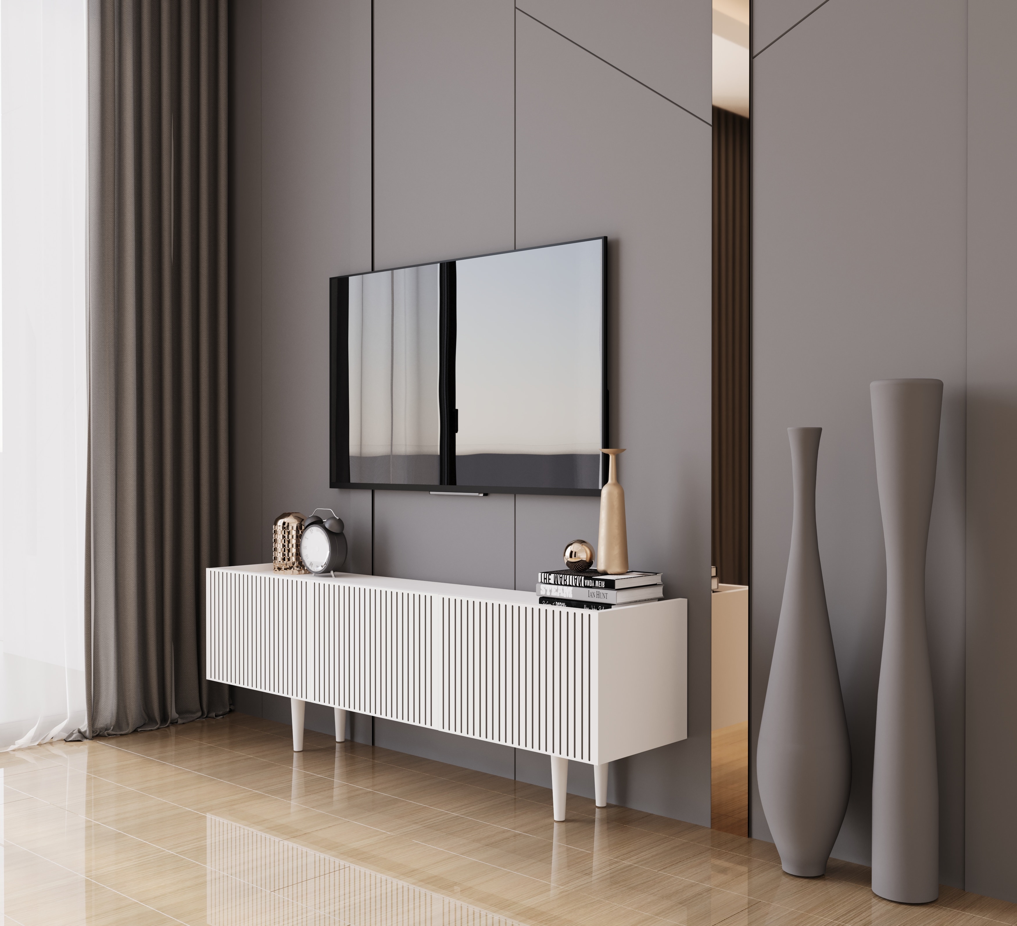 Capella 140 Cm Tv Ünitesi Mdf 3 Kapaklı Ahşap Ayaklı 