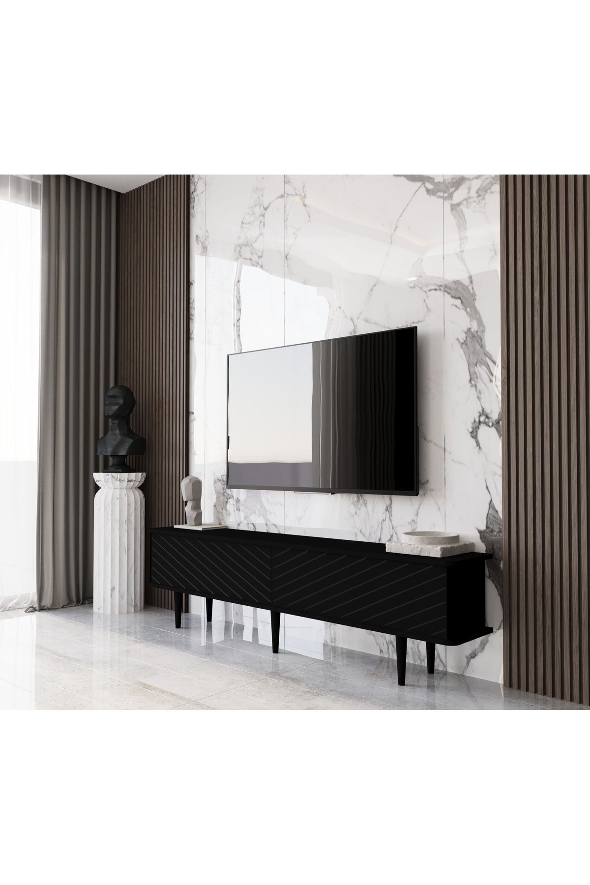 Pollux Country Mdf Siyah 2 Kapaklı Ahşap Ayaklı 180 Cm Tv Ünitesi