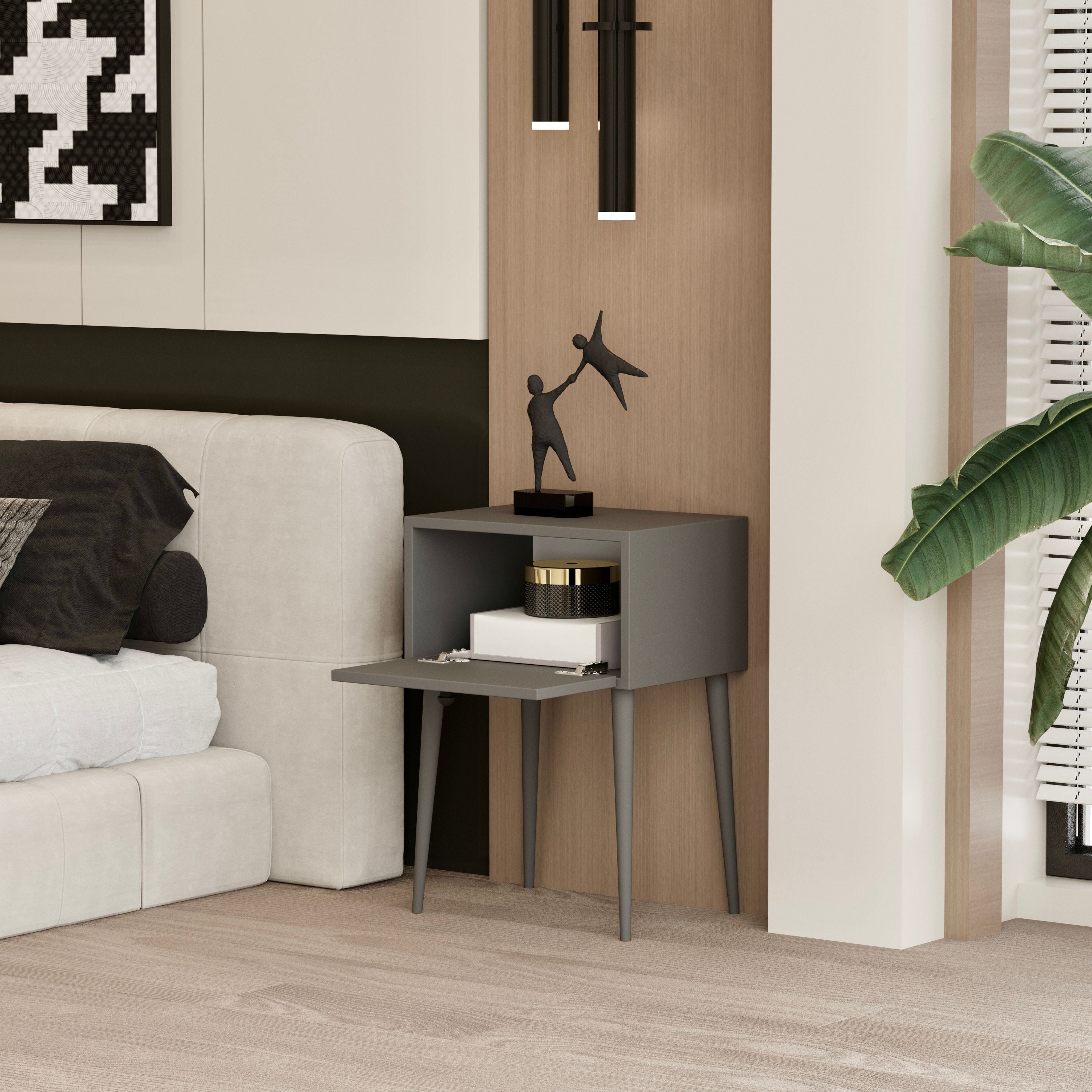 CANOPUS MDF GRİ AHŞAP AYAKLI TEK KAPAKLI KOMODİN