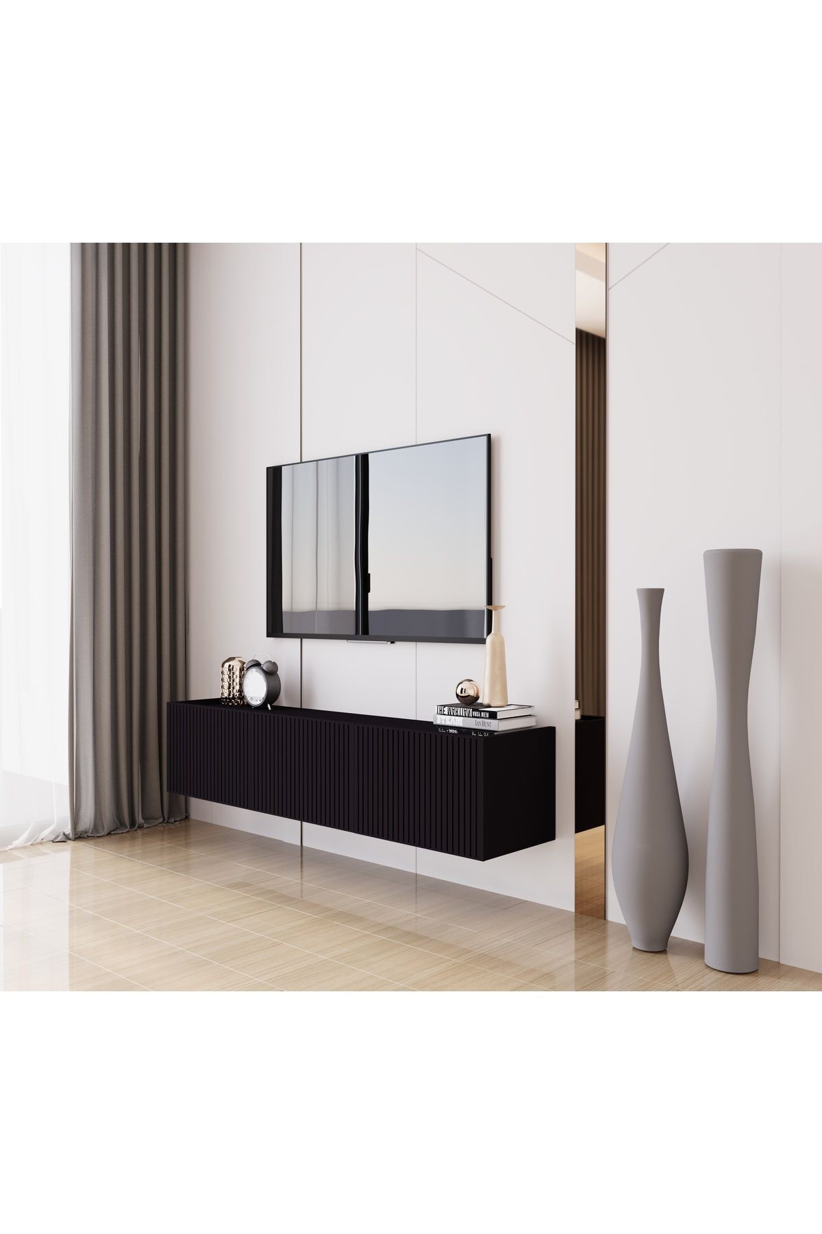 Capella Siyah Country Mdf 3 Kapaklı Duvara Monte 140 Cm Tv Ünitesi