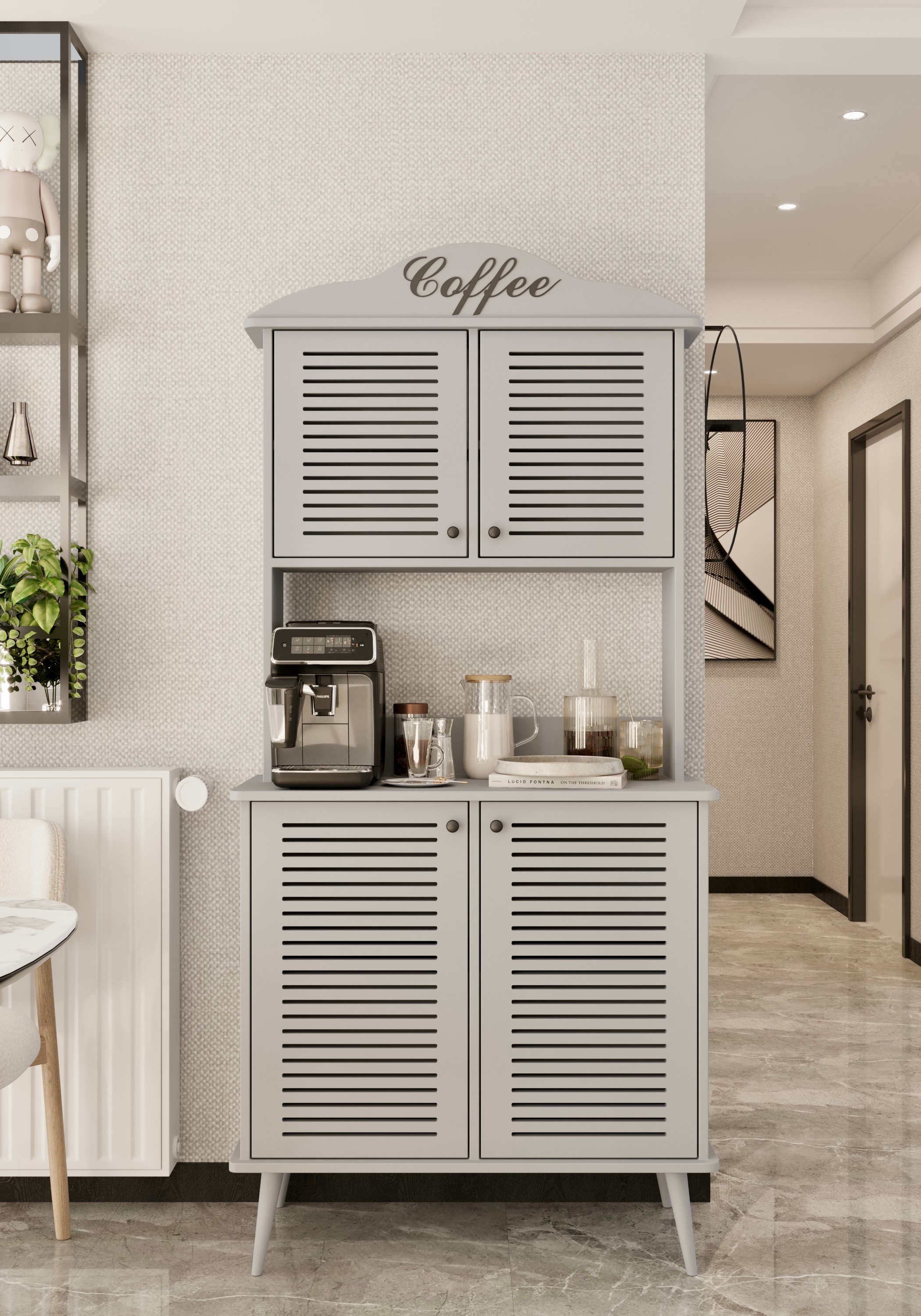 Avior kahve köşesi MDF kapaklı raflı 90 cm - SİS GRİ