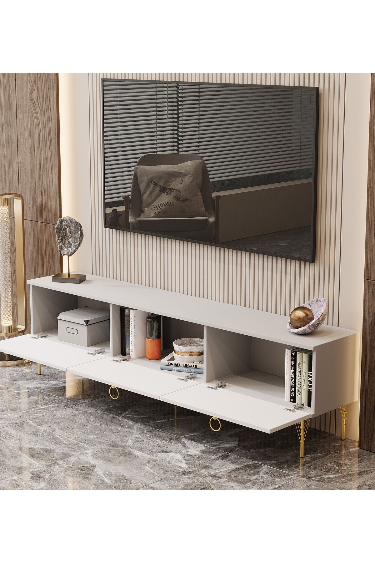 Andromeda GOLD SERİSİ 180 cm 3 kapaklı MDF TV ÜNİTESİ 180 x 50 x 32 cm