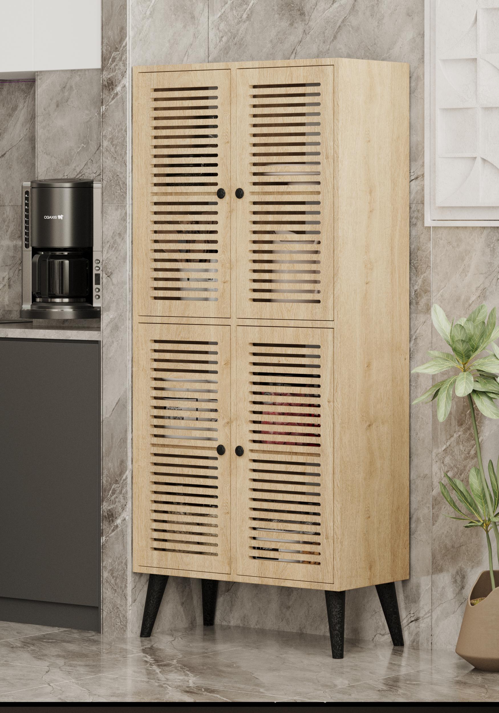 DENEB MDF SAFİR MEŞE 4 KAPAKLI(PANJUR KAPAK) AHŞAP AYAKLI KİLER DOLABI