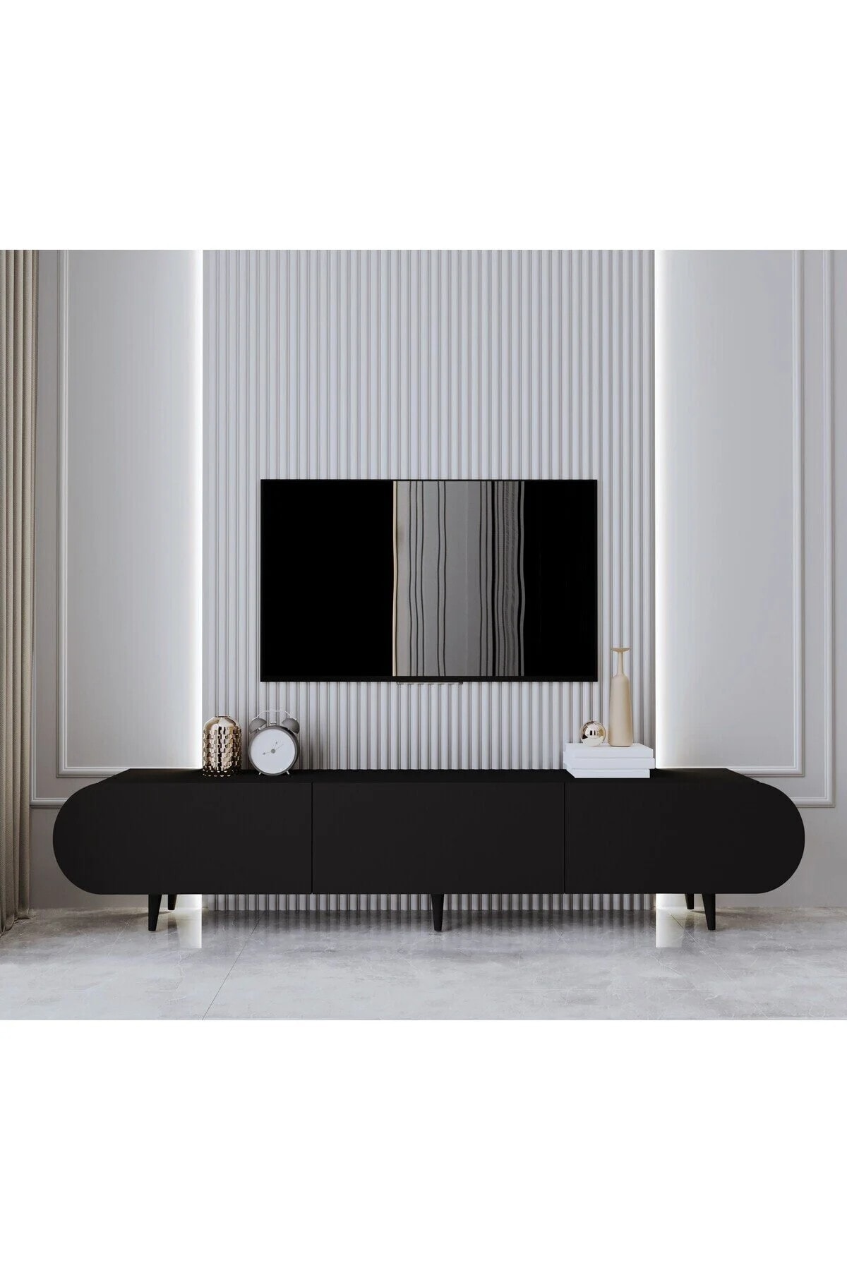 REGULUS MDF 3 KAPAKLI AHŞAP AYAKLI 200 Cm COUNTRY TV ÜNİTESİ - SİYAH