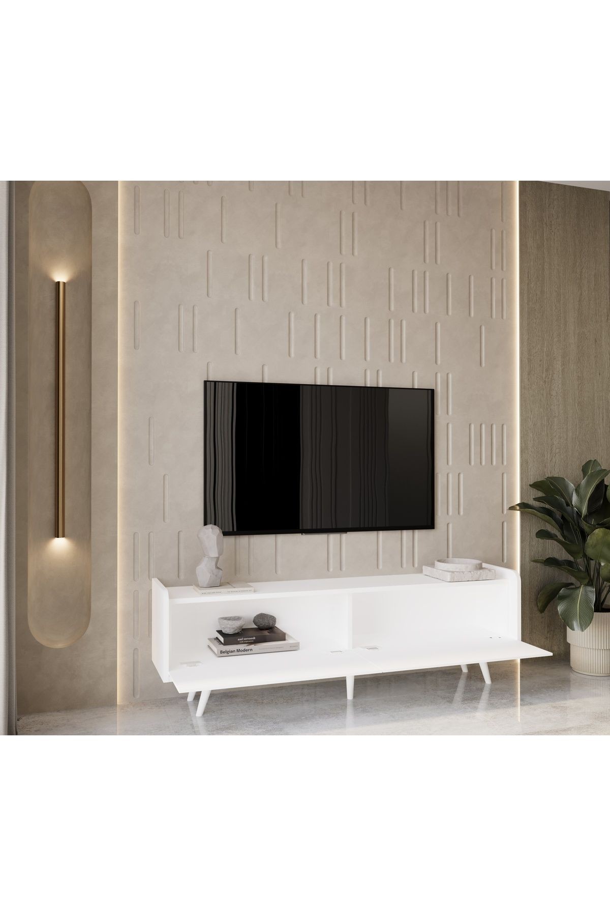 RİGEL COUNTRY BEYAZ MDF 2 KAPAKLI (DÜŞME KAPAK) AHŞAP AYAKLI 180 CM TV ÜNİTESİ