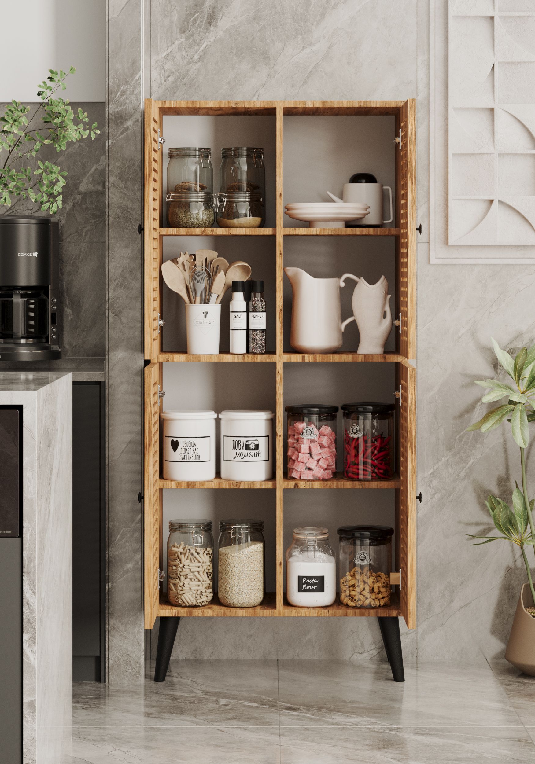 DENEB MDF ATLANTİK ÇAM RENGİ 4 Kapaklı(Panjur Kapak) Ahşap Ayaklı Kiler Dolabı