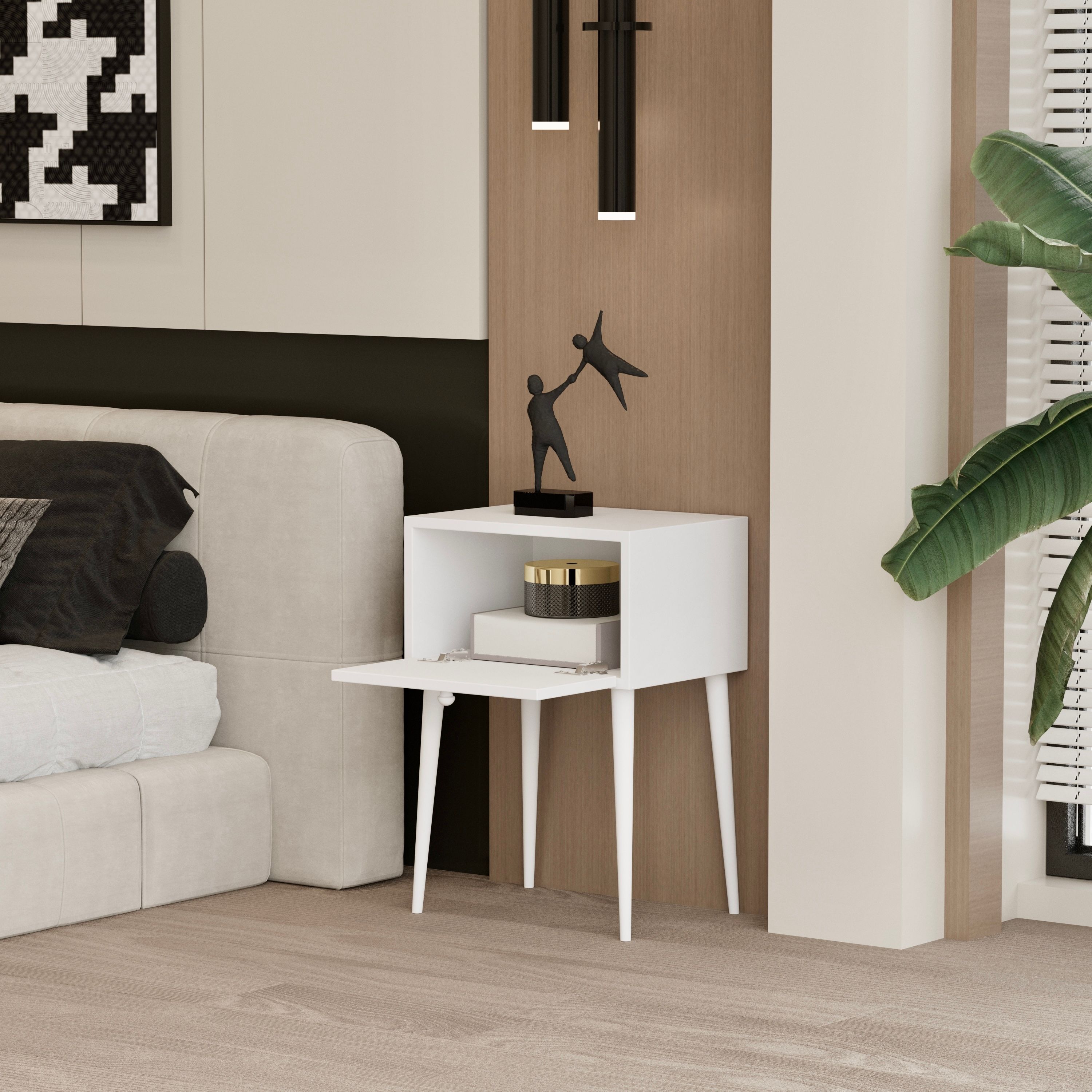 CANOPUS MDF BEYAZ AHŞAP AYAKLI TEK KAPAKLI KOMODİN