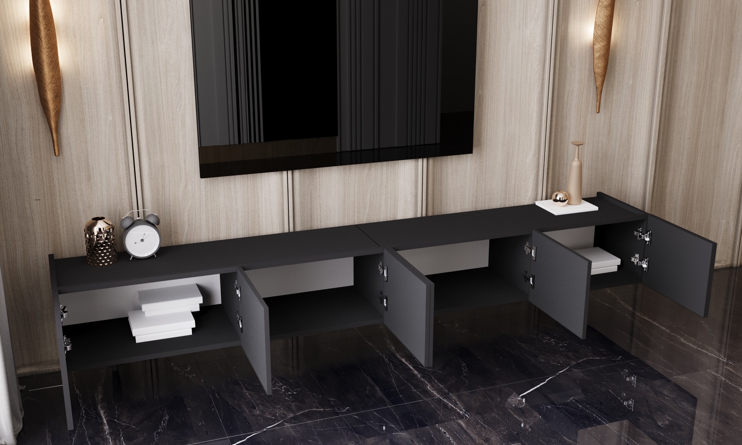 CAPELLA 240 Cm Tv Ünitesi Mdf 6 Kapaklı Duvara Monte (120 CM X 2 ADET) 
