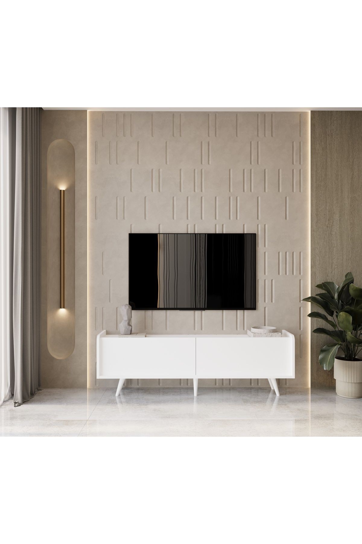 RİGEL COUNTRY BEYAZ MDF 2 KAPAKLI (DÜŞME KAPAK) AHŞAP AYAKLI 180 CM TV ÜNİTESİ