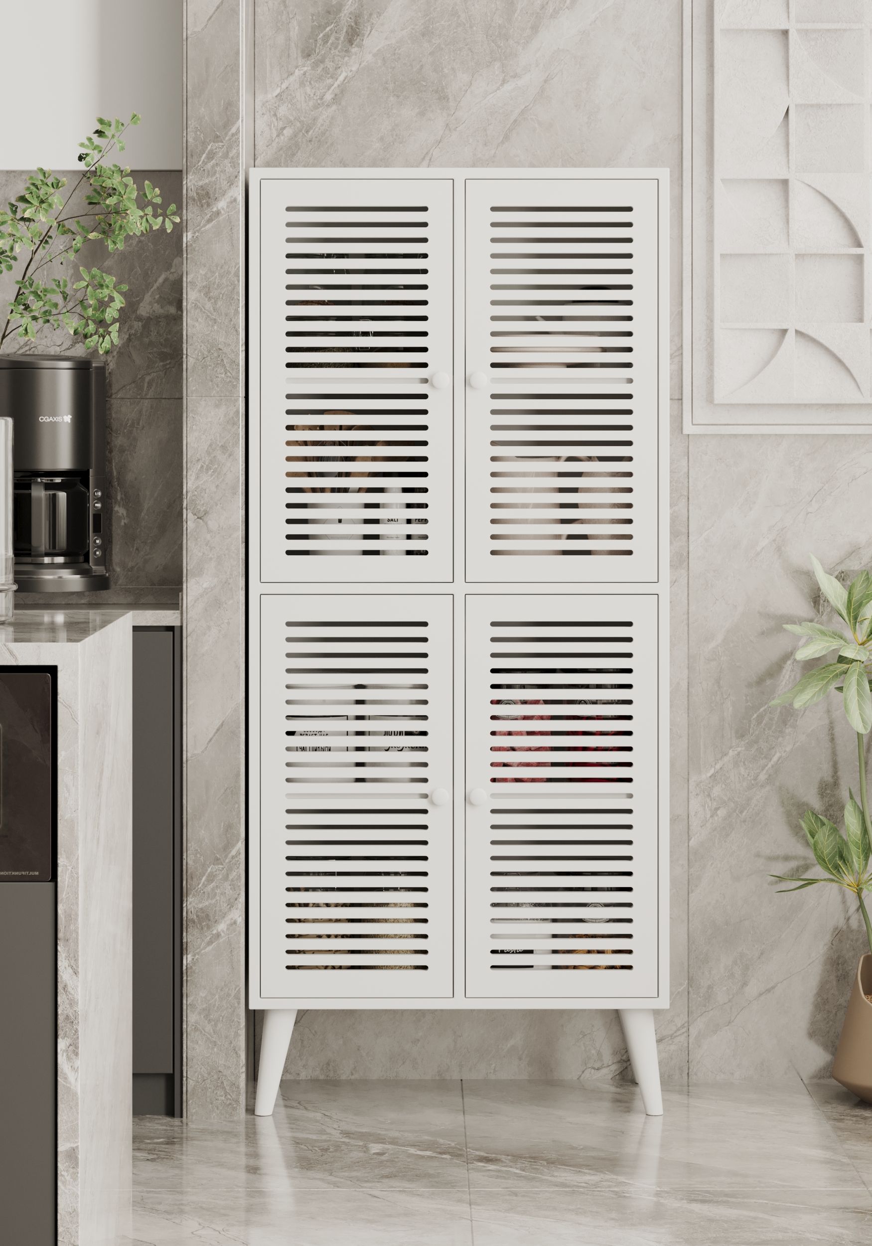 DENEB MDF BEYAZ 4 KAPAKLI(PANJUR KAPAK) AHŞAP AYAKLI KİLER DOLABI