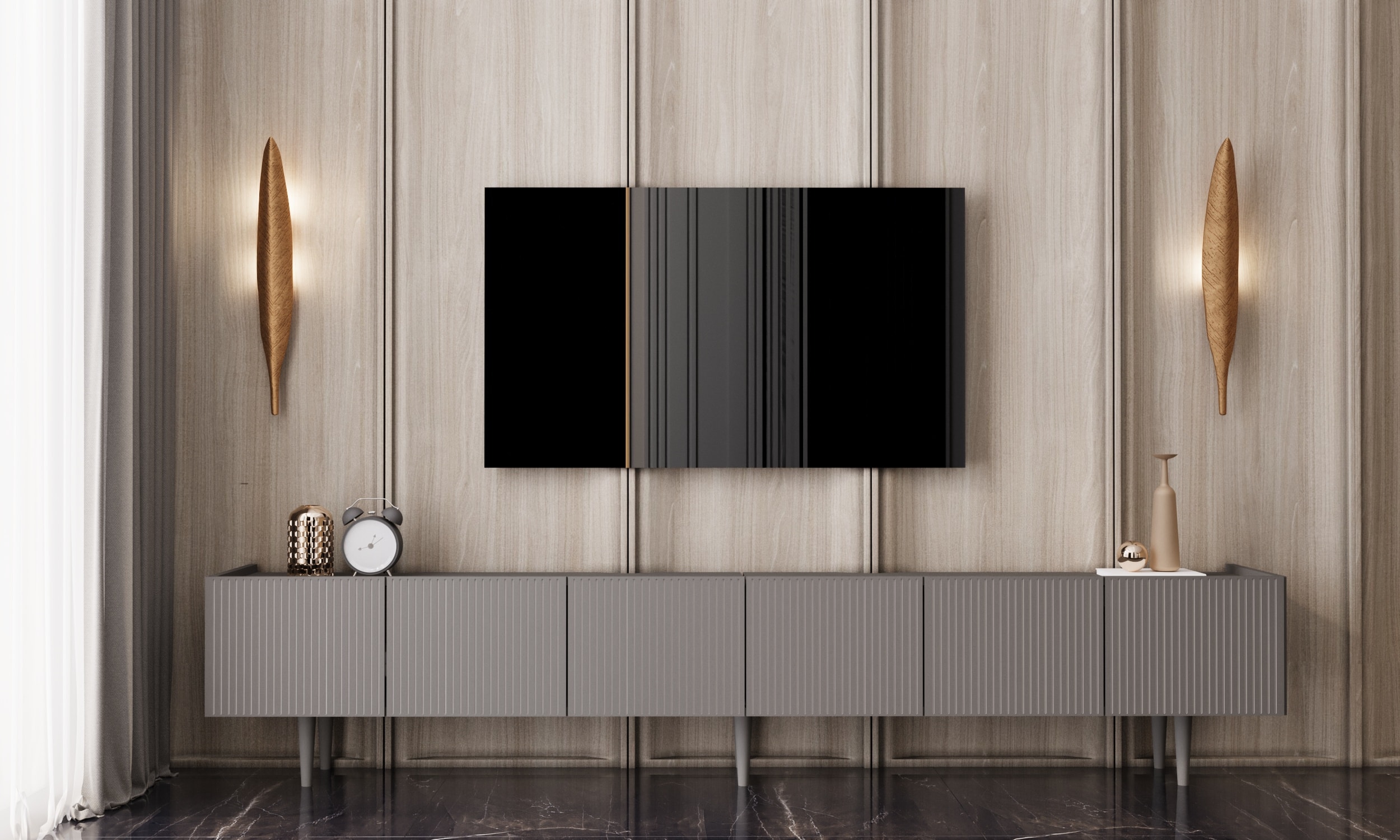 CAPELLA 240 Cm Tv Ünitesi Mdf 6 Kapaklı Ahşap Ayaklı (120 CM X 2 ADET) 