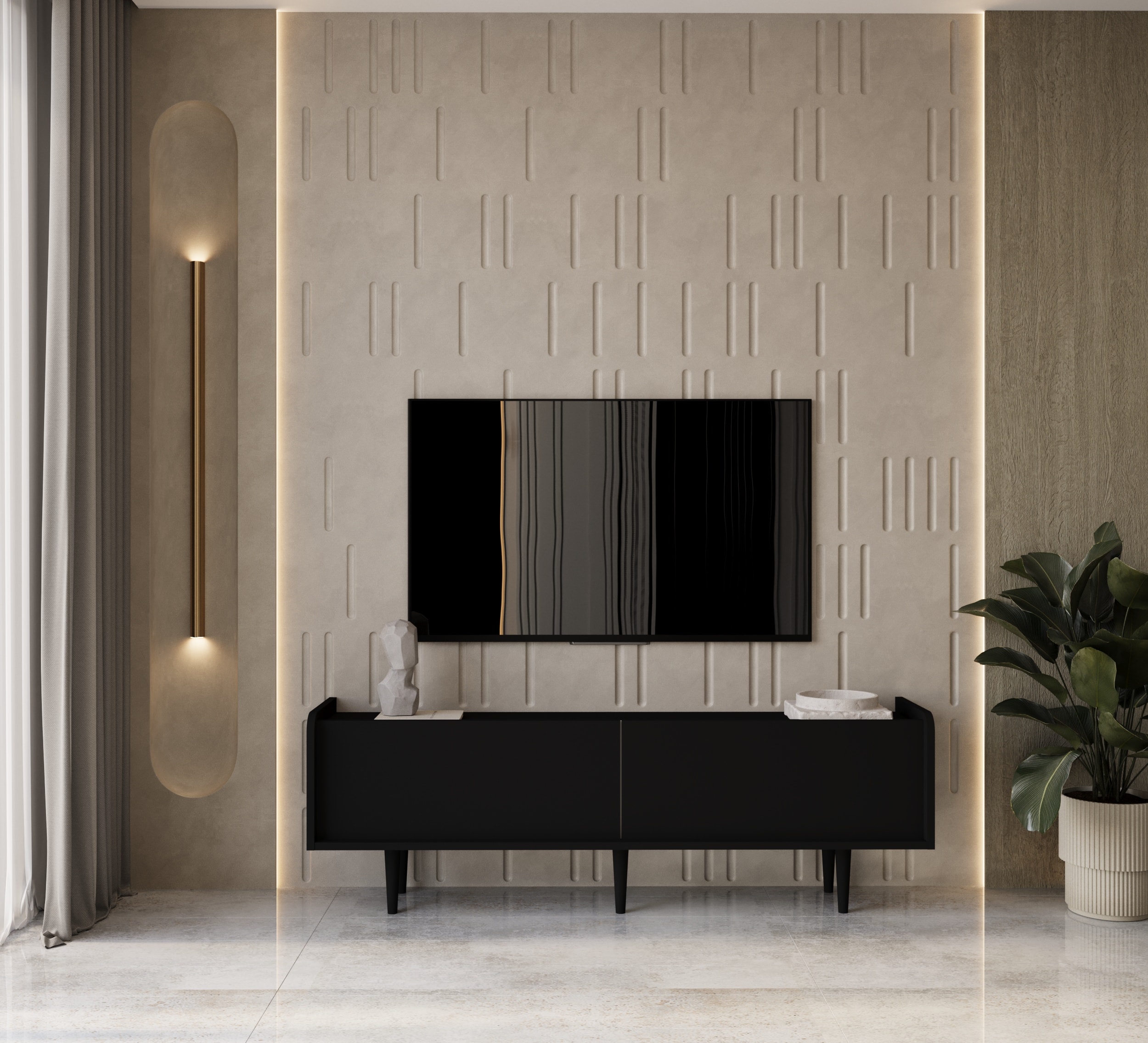RİGE MDF 2 KAPAKLI (DÜŞME KAPAK) AHŞAP AYAKLI 140 CM COUNTRY TV ÜNİTESİ - SİYAH