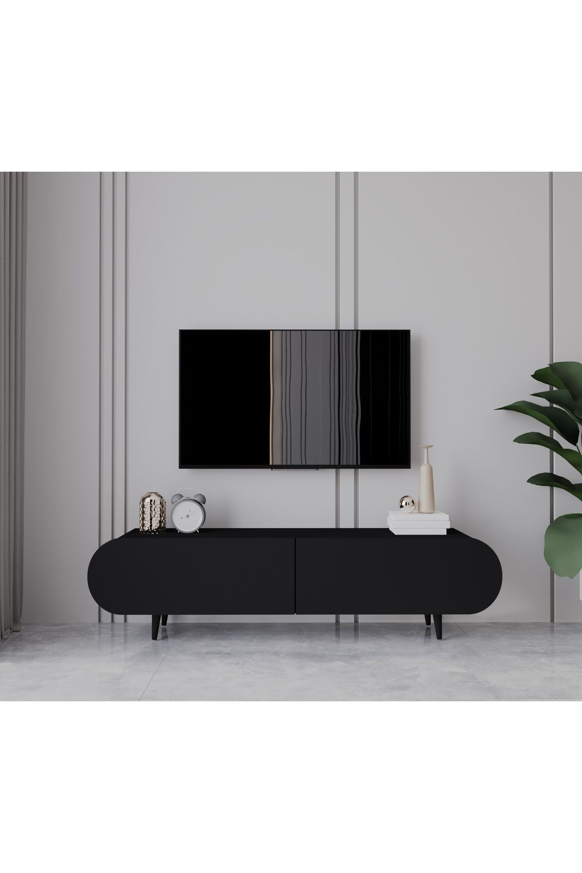 Regulus Siyah Mdf 2 Kapaklı Ahşap Ayaklı 140 Cm Modern Tv Ünitesi
