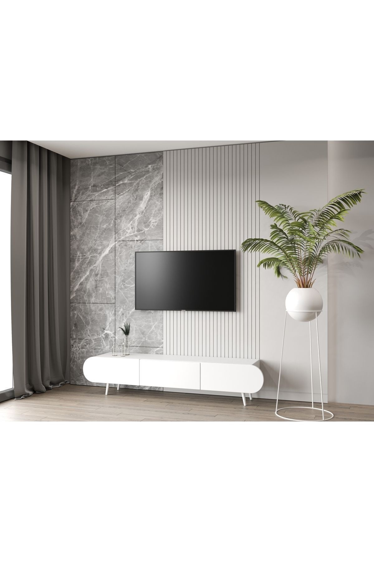 Regulus Beyaz Mdf 3 Kapaklı Ahşap Ayaklı 180 Cm Modern Tv Ünitesi