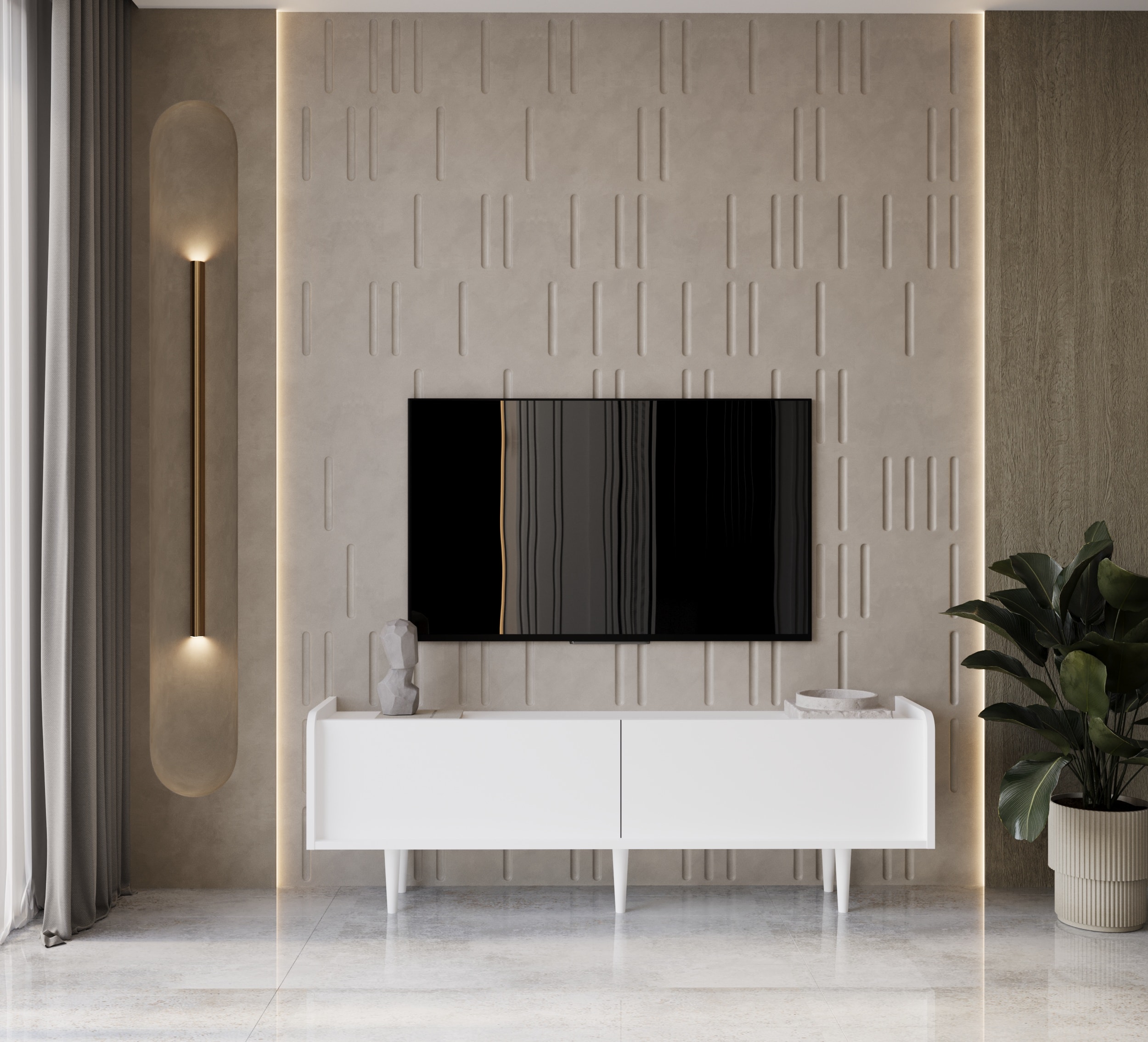 RİGEL MDF 2 KAPAKLI (DÜŞME KAPAK) AHŞAP AYAKLI 160 CM COUNTRY TV ÜNİTESİ - BEYAZ