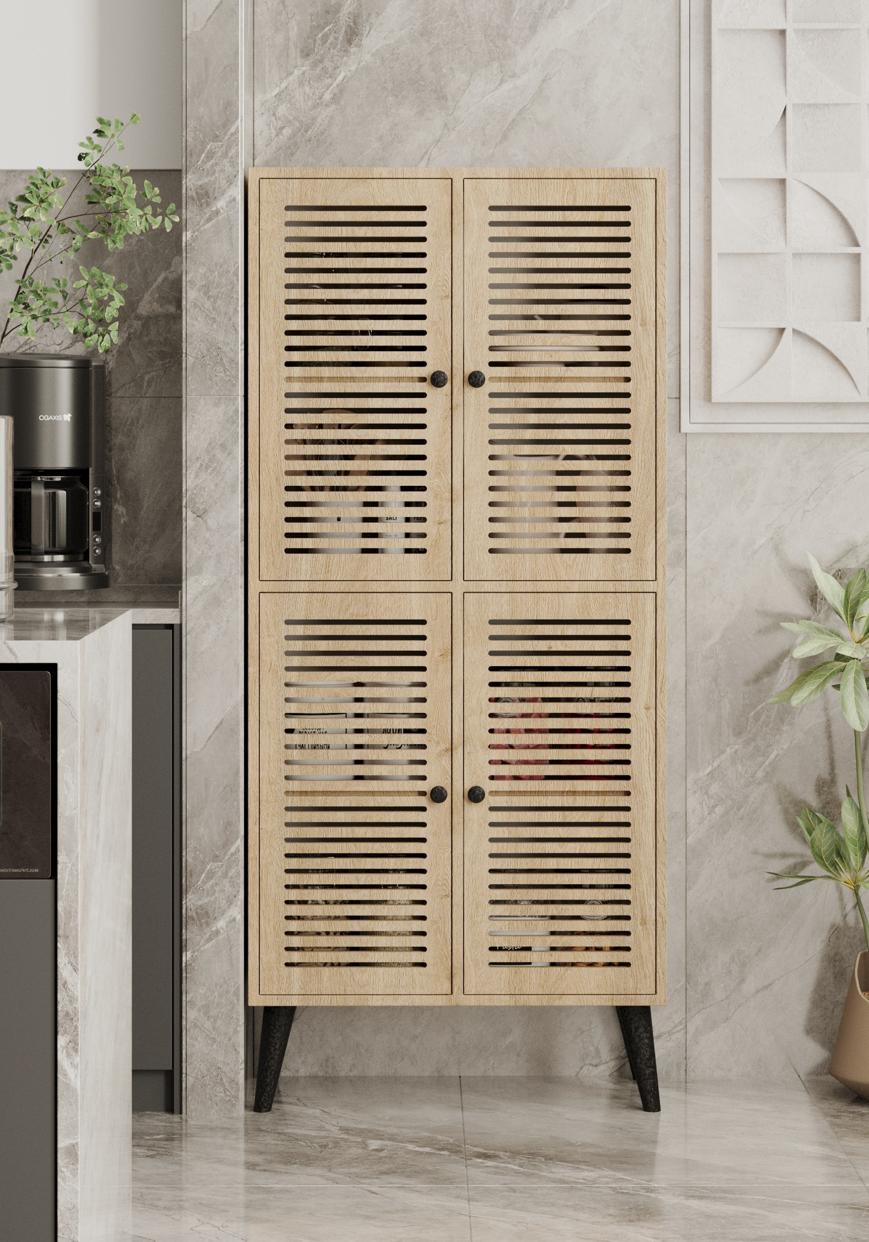 Deneb Mdf  4 Kapaklı (panjur Kapak) Ahşap Ayaklı Kiler Dolabı - SAFİR MEŞE