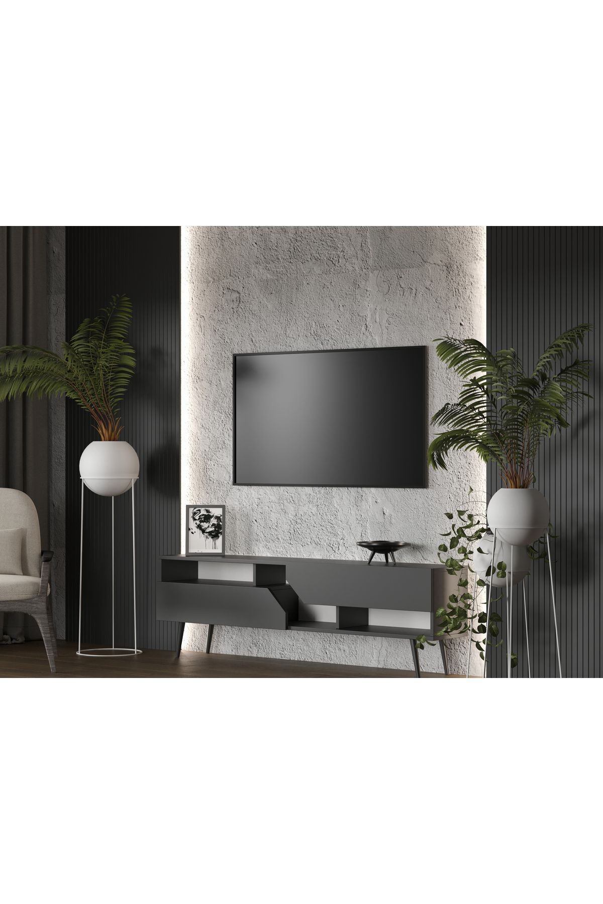 Proycon Country Mdf Siyah 2 Kapaklı Ahşap Ayaklı 140 Cm Tv Ünitesi