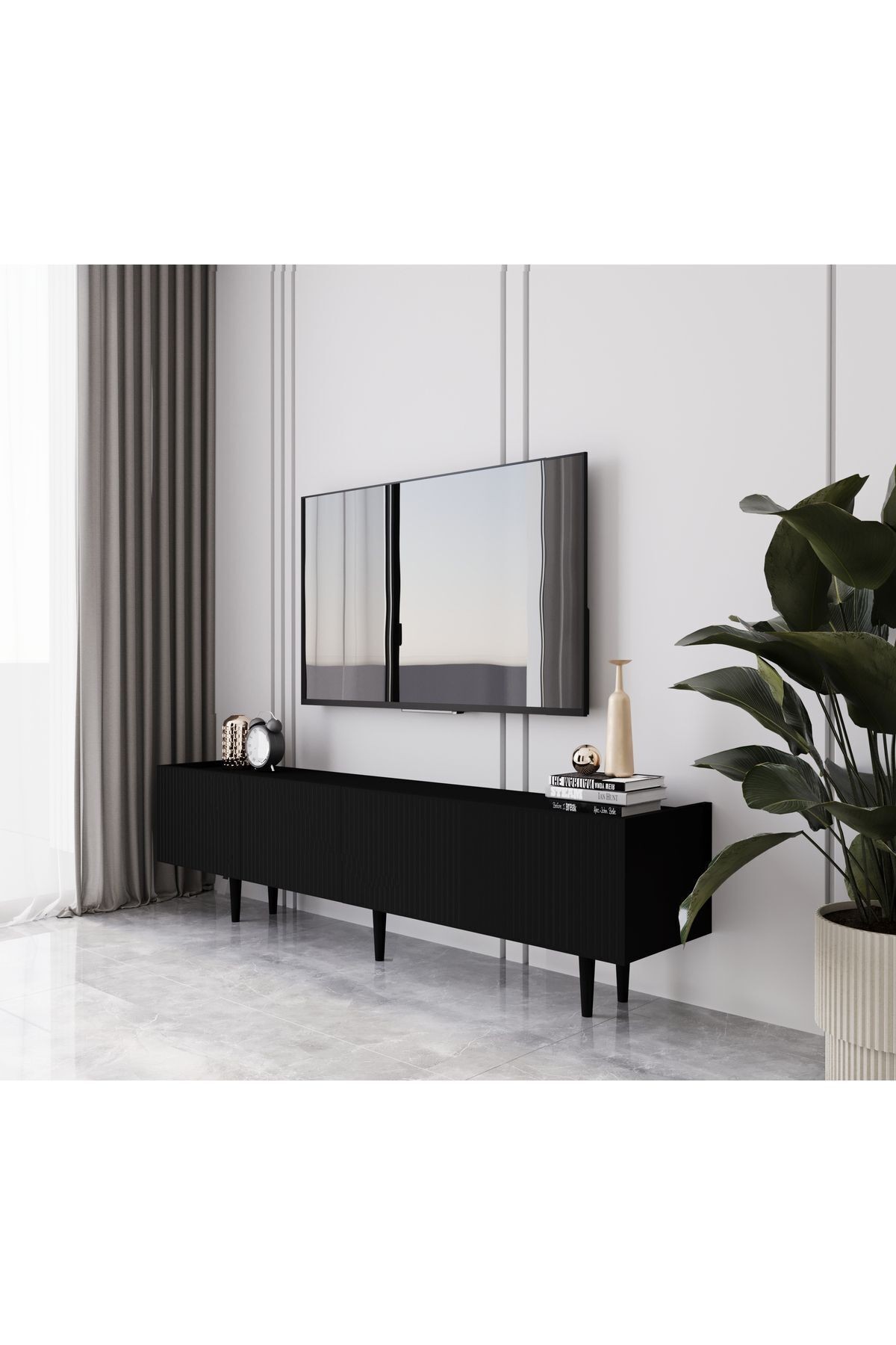 Capella Siyah Country Mdf 4 Kapaklı Ahşap Ayaklı 160 Cm Tv Ünitesi