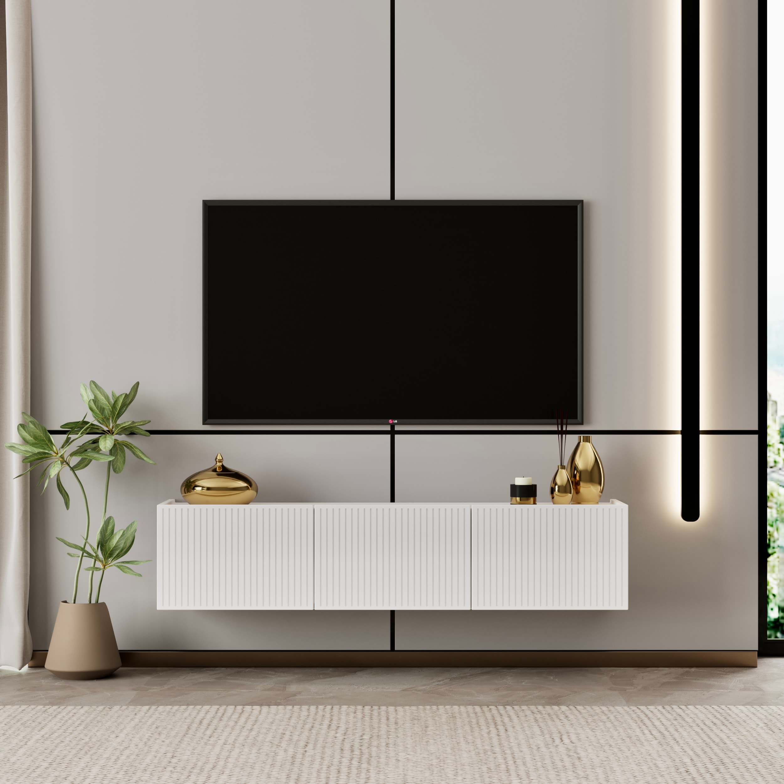 Capella TV ünitesi MDF 120 cm duvara monte kapaklı raflı