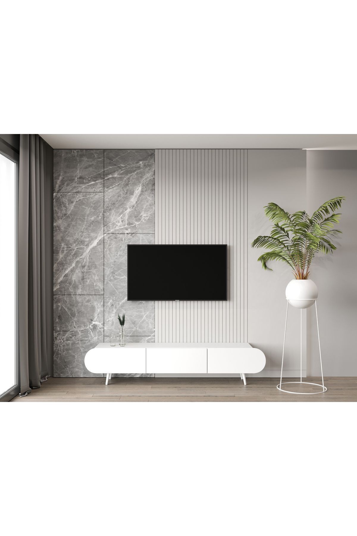 Regulus Beyaz Mdf 3 Kapaklı Ahşap Ayaklı 180 Cm Modern Tv Ünitesi