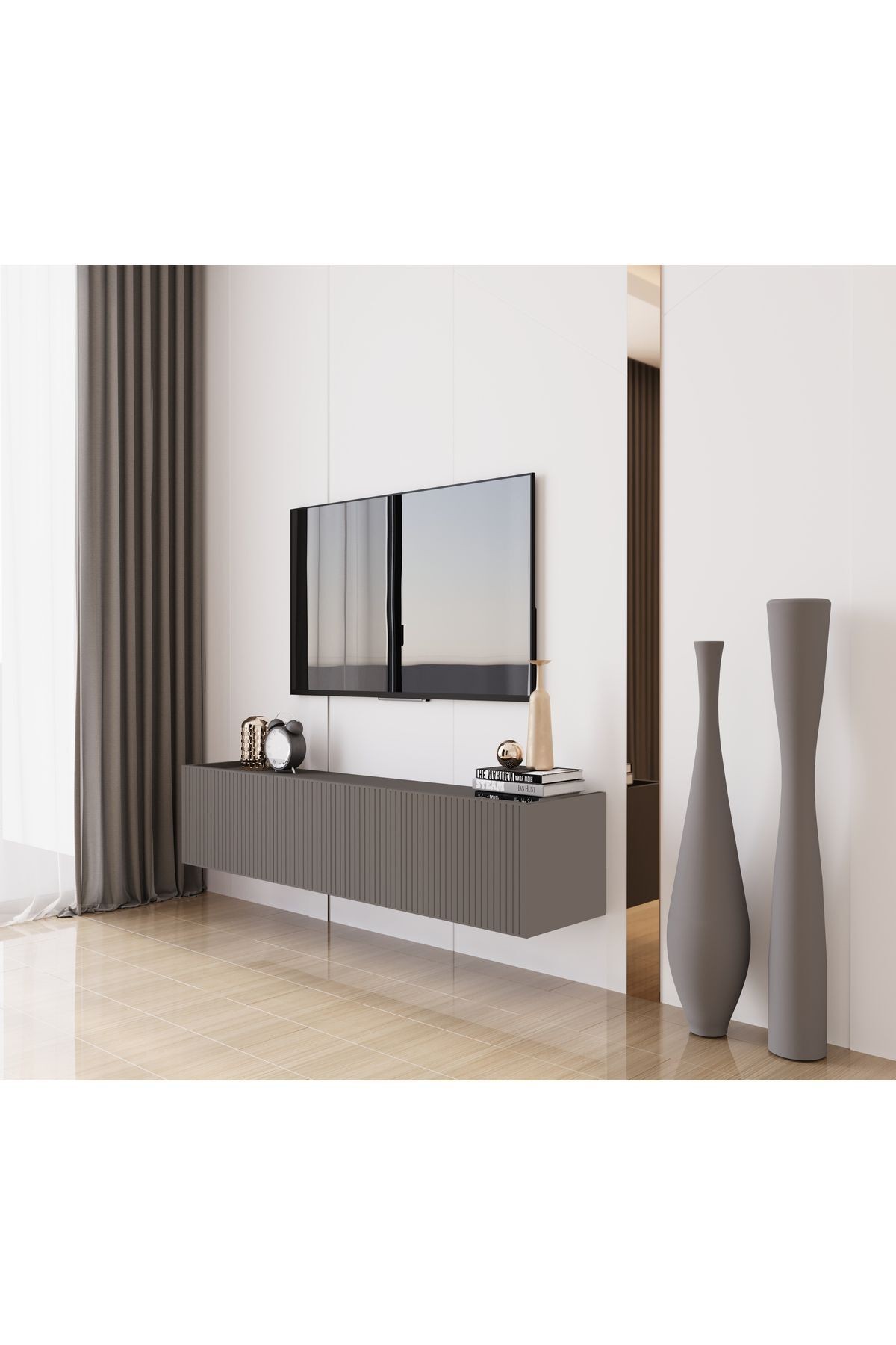 Capella Gri Mdf Country 3 Kapaklı DUVARA MONTE 140 Cm Tv Ünitesi