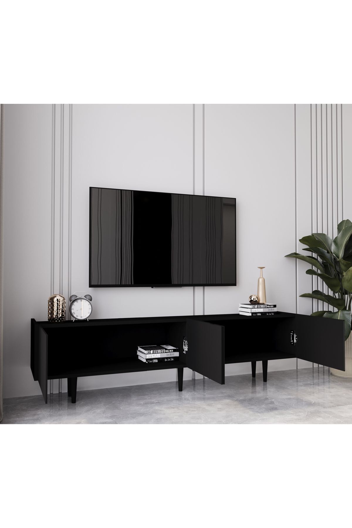 Capella Siyah Country Mdf 4 Kapaklı Ahşap Ayaklı 160 Cm Tv Ünitesi
