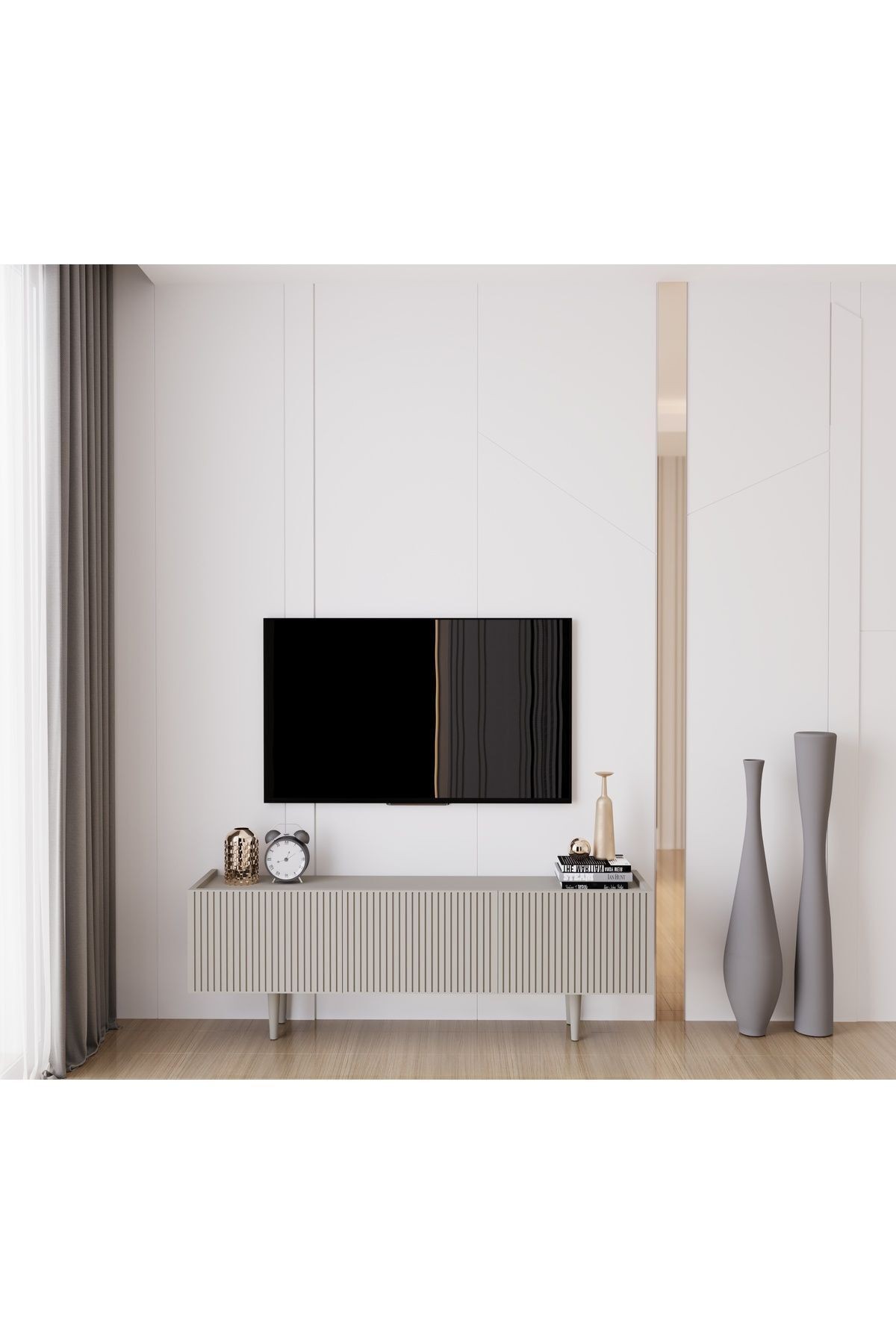 Capella Kumtaşı Rengi Mdf 3 Kapaklı Ahşap Ayaklı 140 Cm Tv Ünitesi