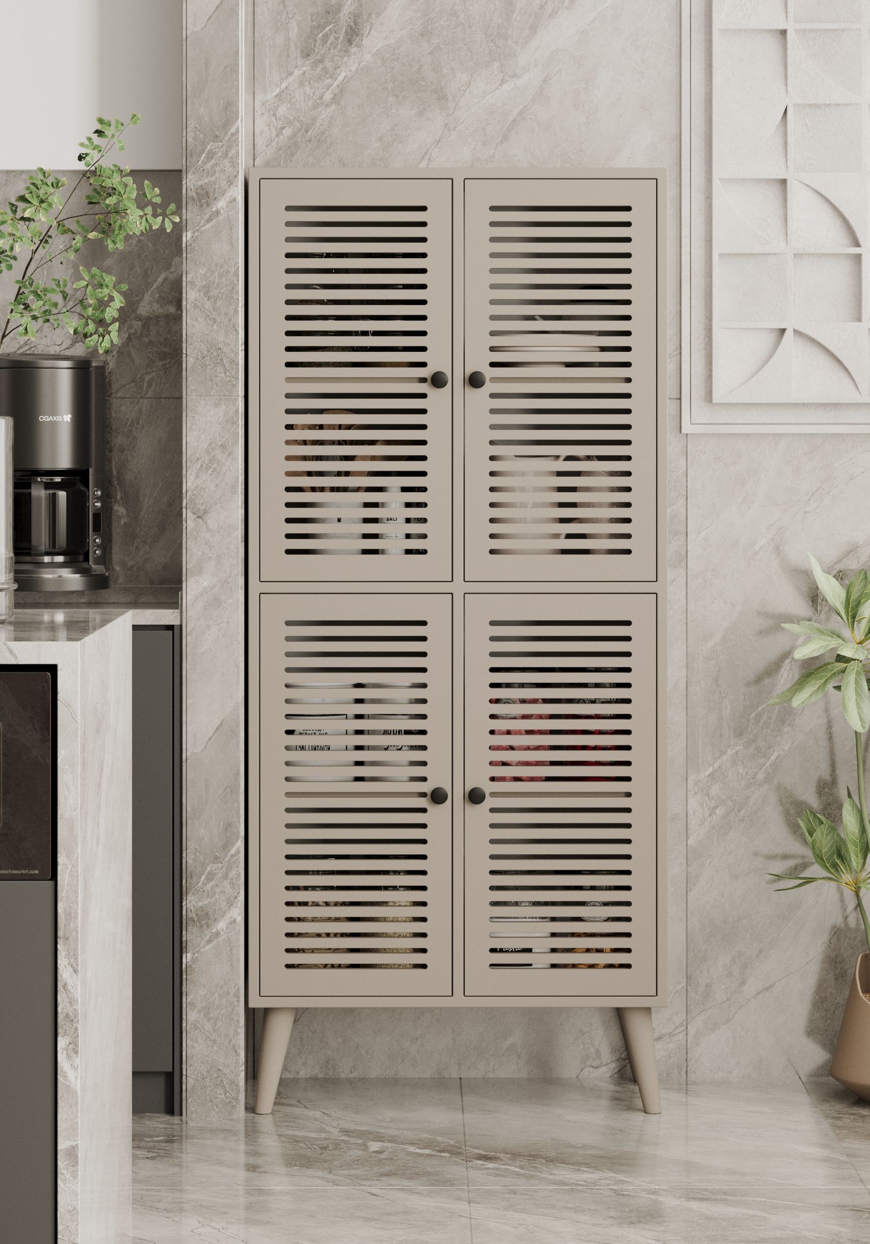 DENEB MDF KUM TAŞI RENGİ 4 Kapaklı(Panjur Kapak) Ahşap Ayaklı Kiler Dolabı