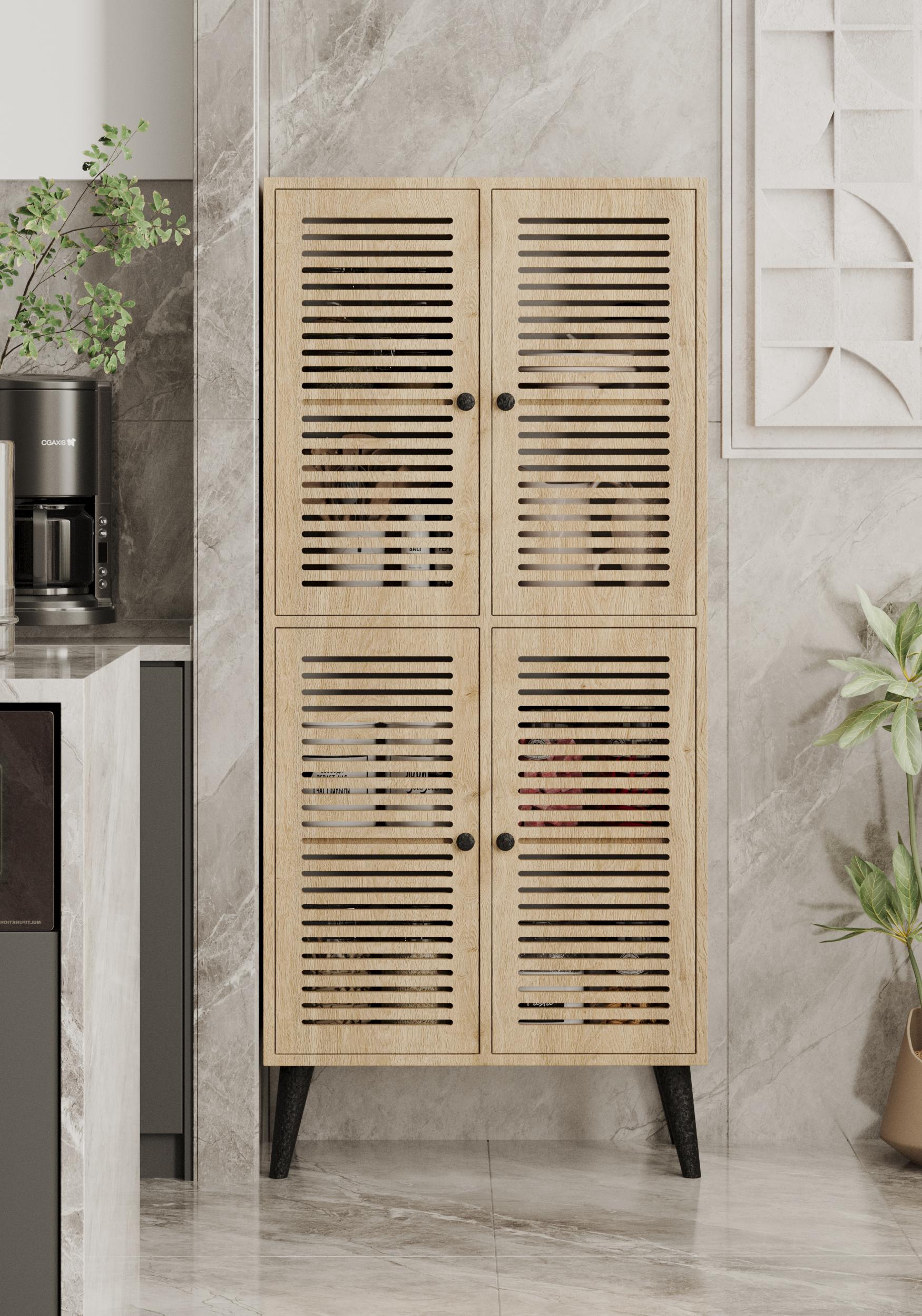 DENEB MDF SAFİR MEŞE 4 KAPAKLI(PANJUR KAPAK) AHŞAP AYAKLI KİLER DOLABI