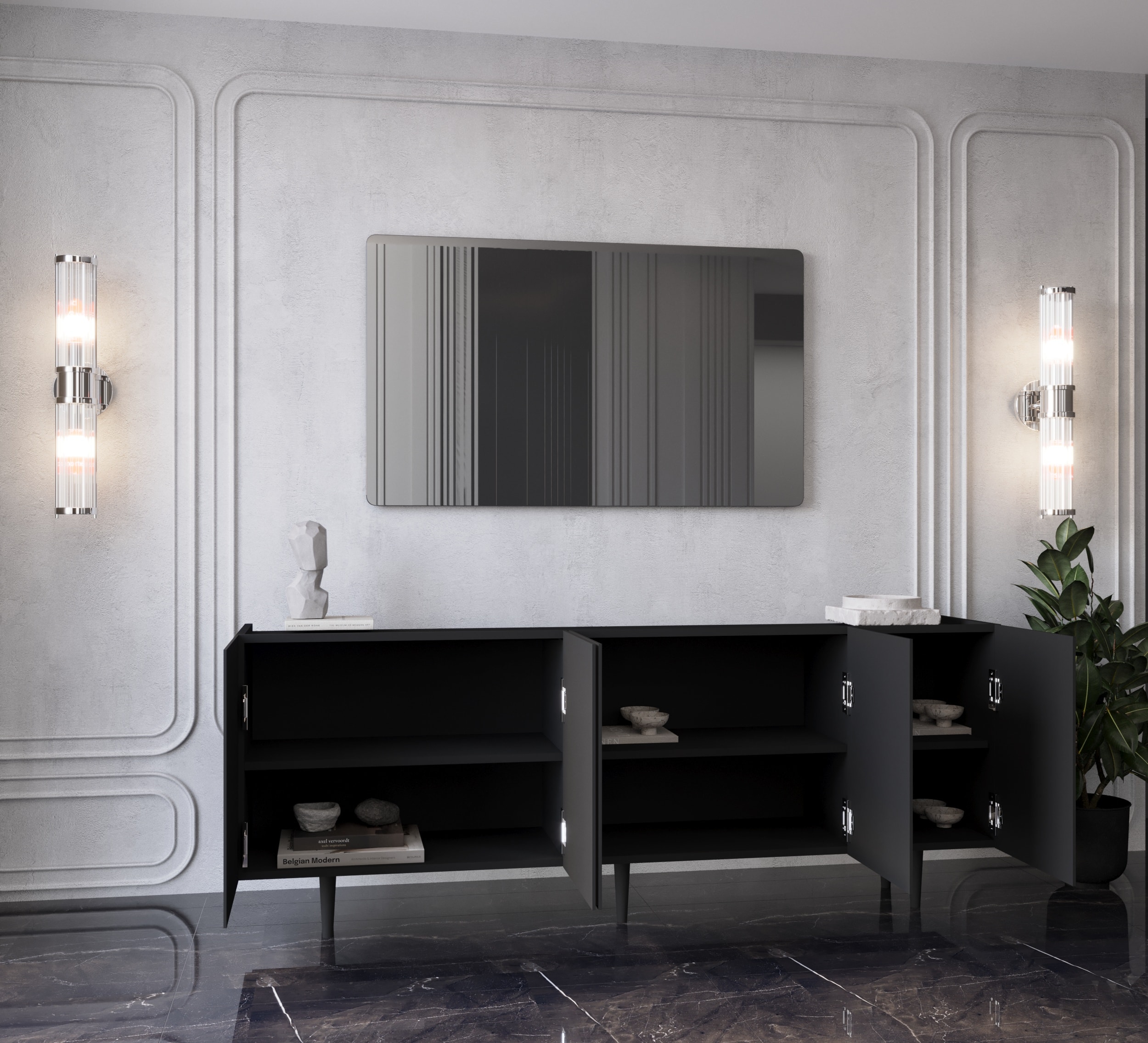 Capella Mdf 5 Kapaklı Raflı Ahşap Ayaklı 200 cm Konsol