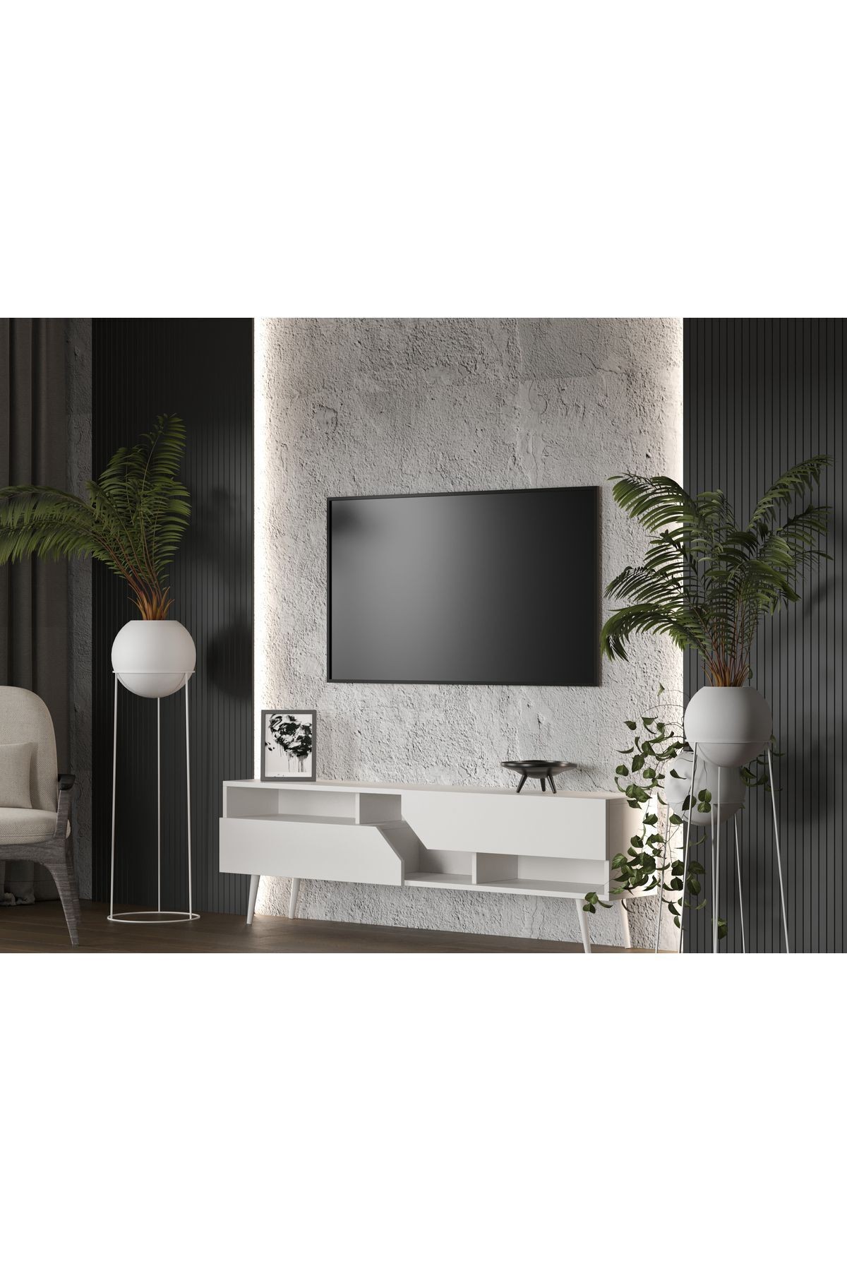 Proycon Country Mdf Beyaz 2 Kapaklı Ahşap Ayaklı 140 Cm Tv Ünitesi