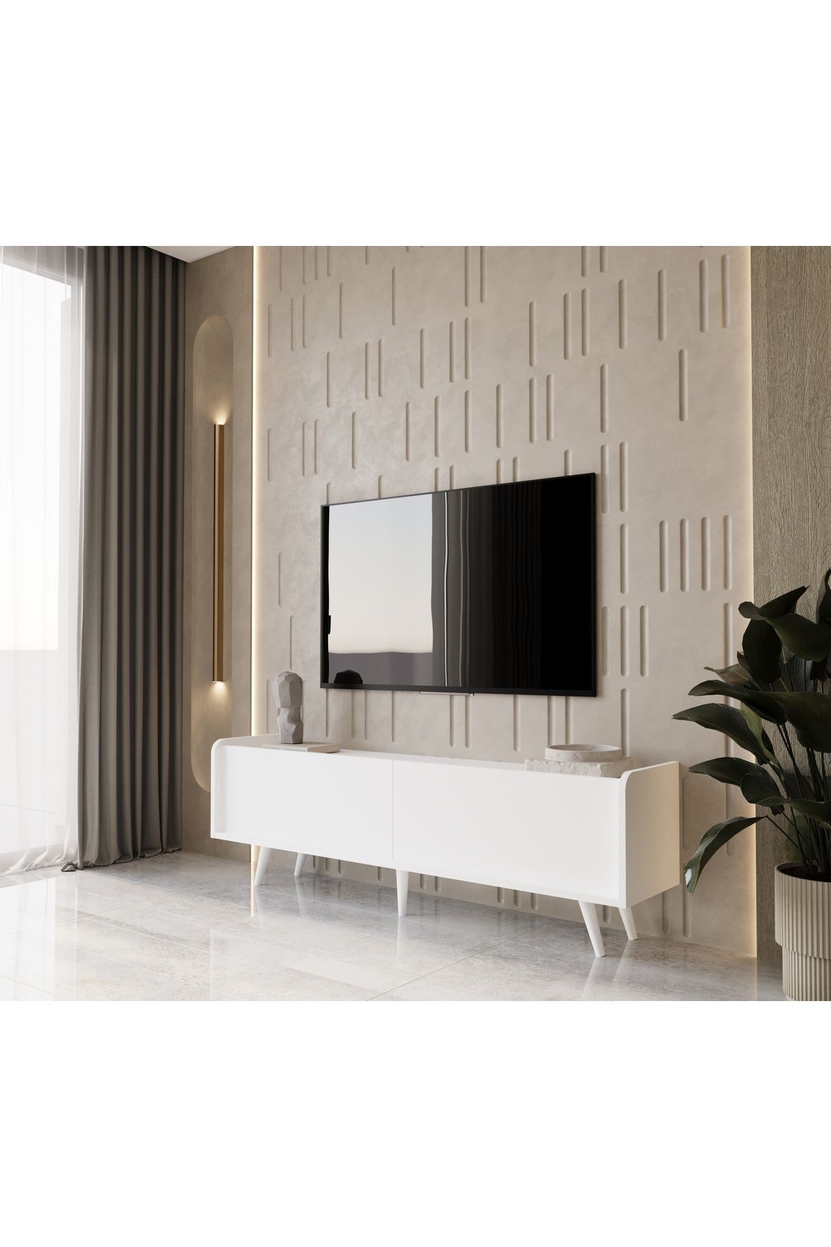 RİGEL COUNTRY BEYAZ MDF 2 KAPAKLI (DÜŞME KAPAK) AHŞAP AYAKLI 180 CM TV ÜNİTESİ