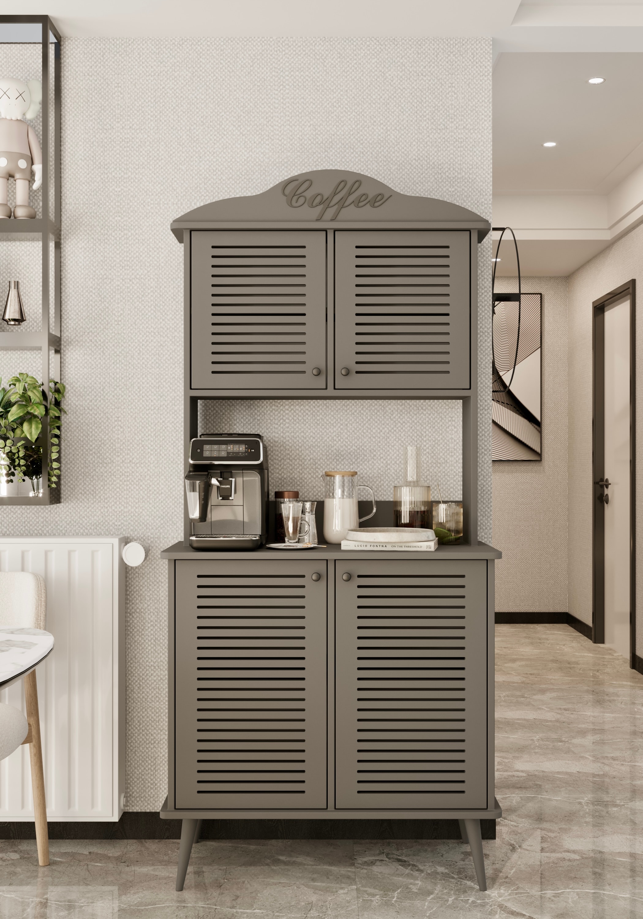Avior kahve köşesi MDF kapaklı raflı 90 cm - GRİ