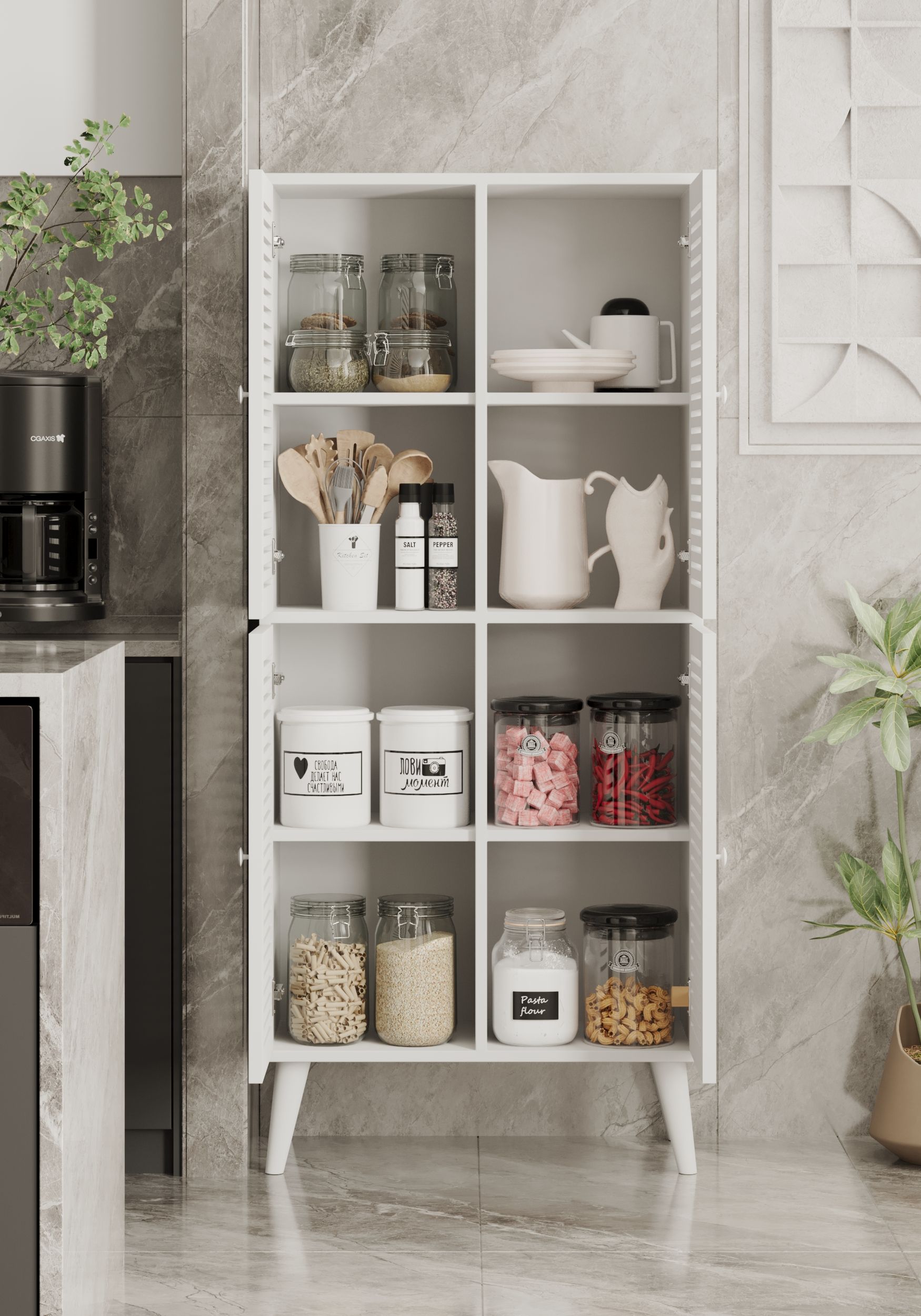 DENEB MDF BEYAZ 4 KAPAKLI(PANJUR KAPAK) AHŞAP AYAKLI KİLER DOLABI