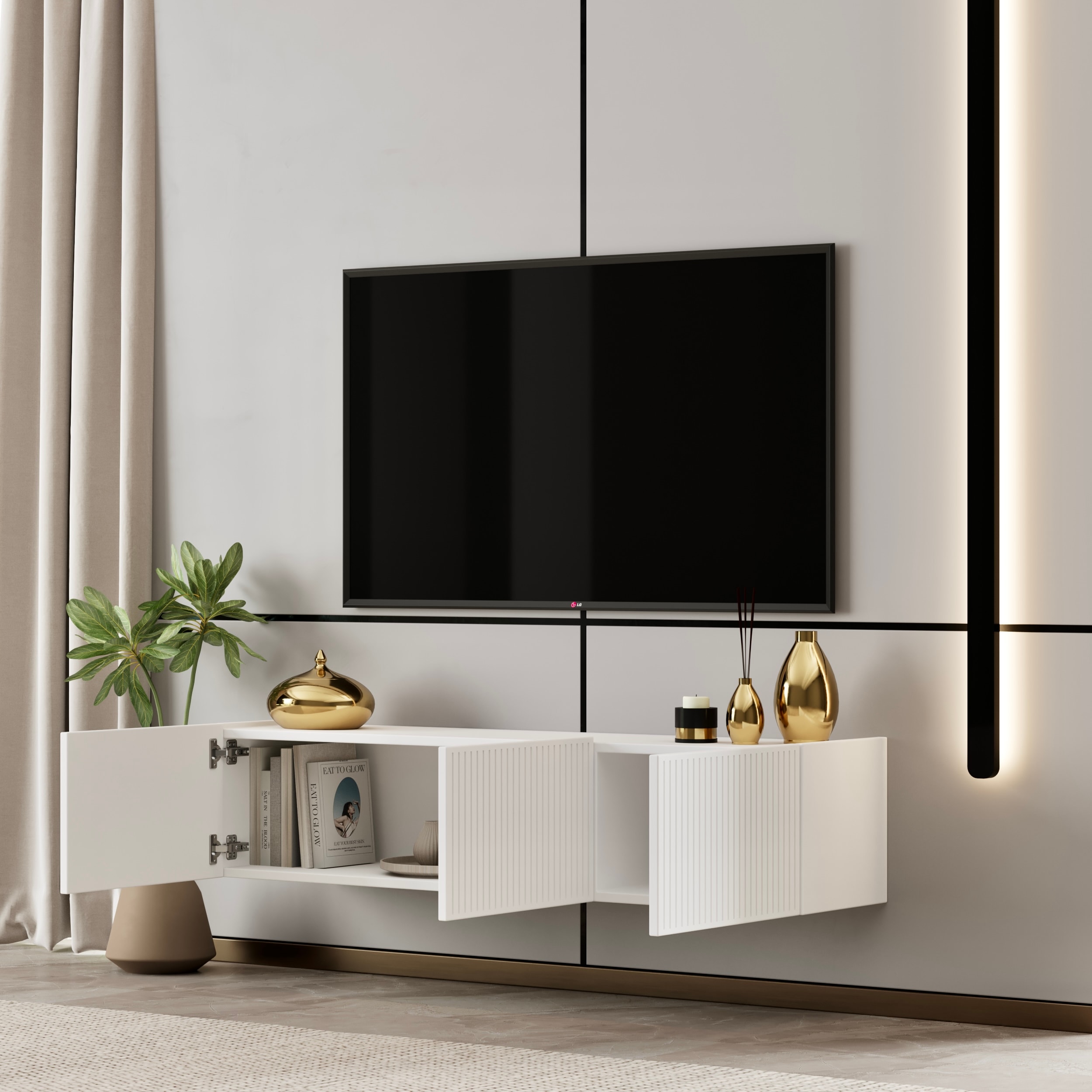 Capella TV ünitesi MDF 120 cm duvara monte kapaklı raflı