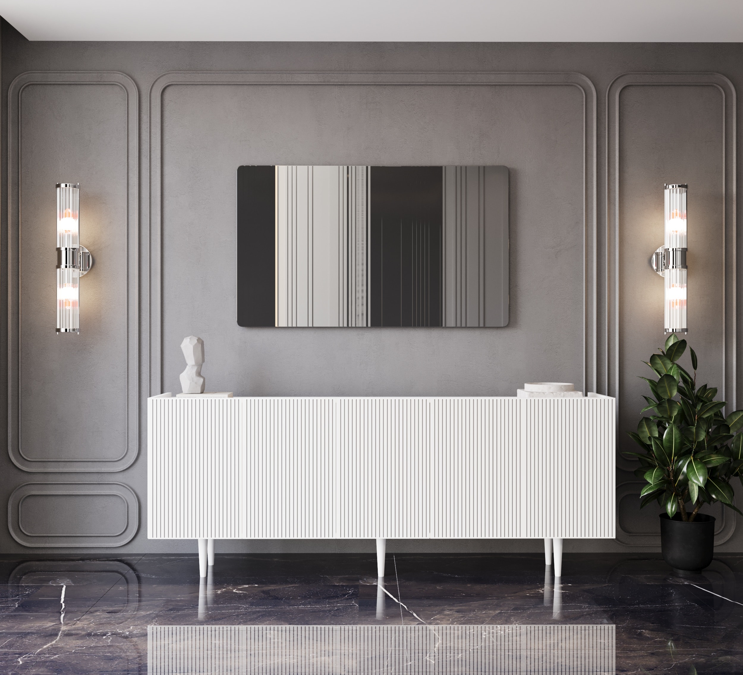 Capella Mdf 5 Kapaklı Raflı Ahşap Ayaklı 200 cm Konsol - BEYAZ