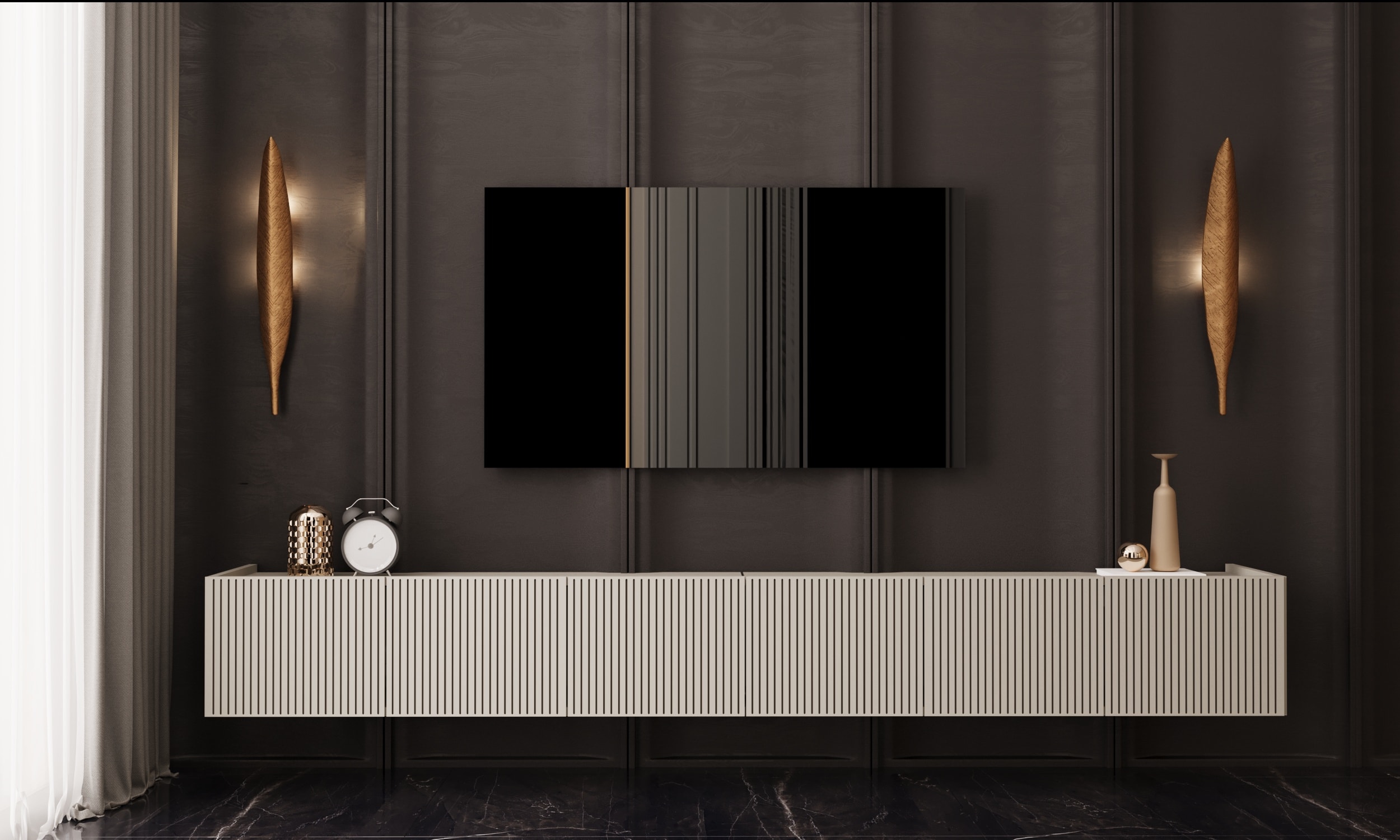 CAPELLA 240 Cm Tv Ünitesi Mdf 6 Kapaklı Duvara Monte (120 CM X 2 ADET)  - KUM TAŞI