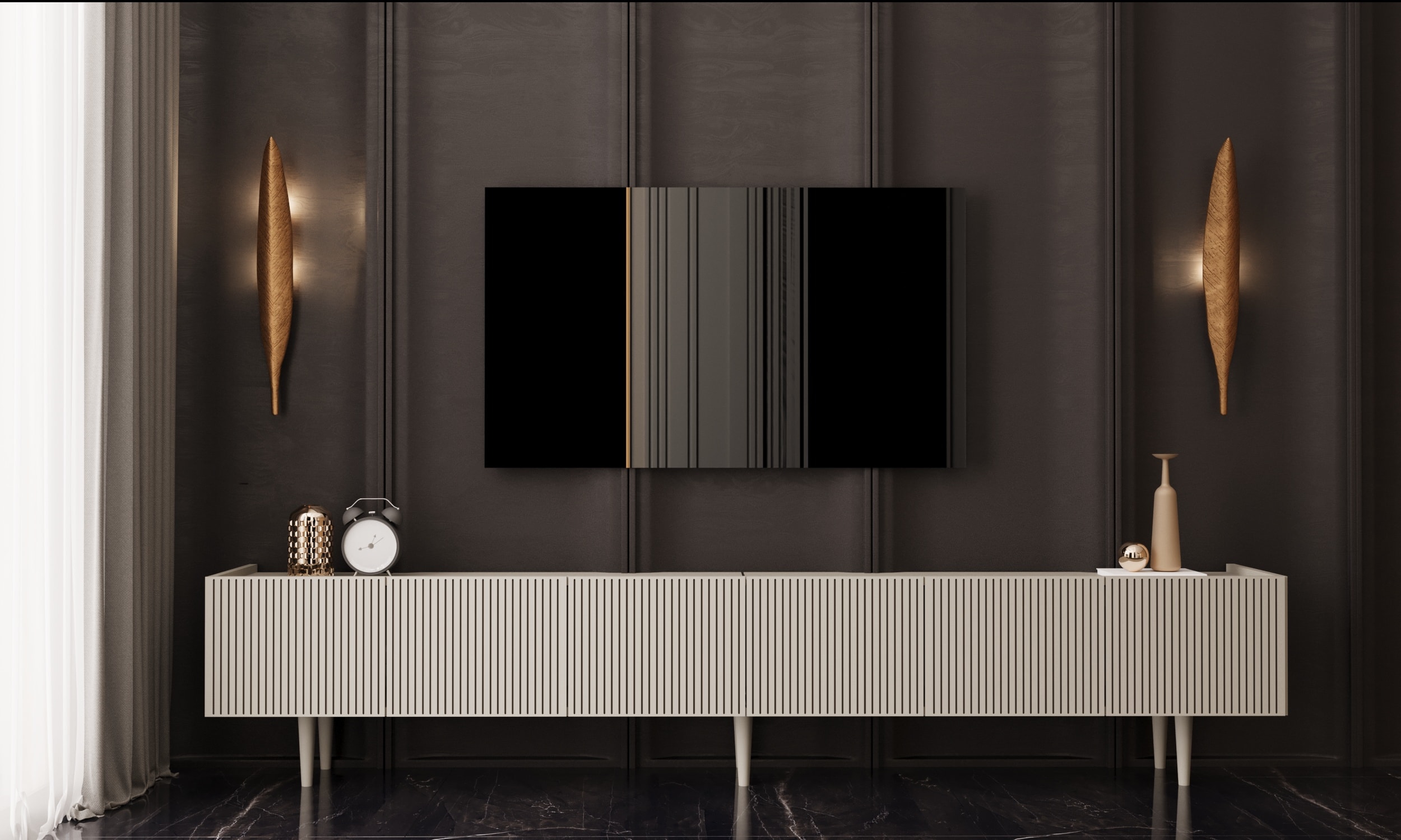 CAPELLA 240 Cm Tv Ünitesi Mdf 6 Kapaklı Ahşap Ayaklı (120 CM X 2 ADET)  - KUM TAŞI