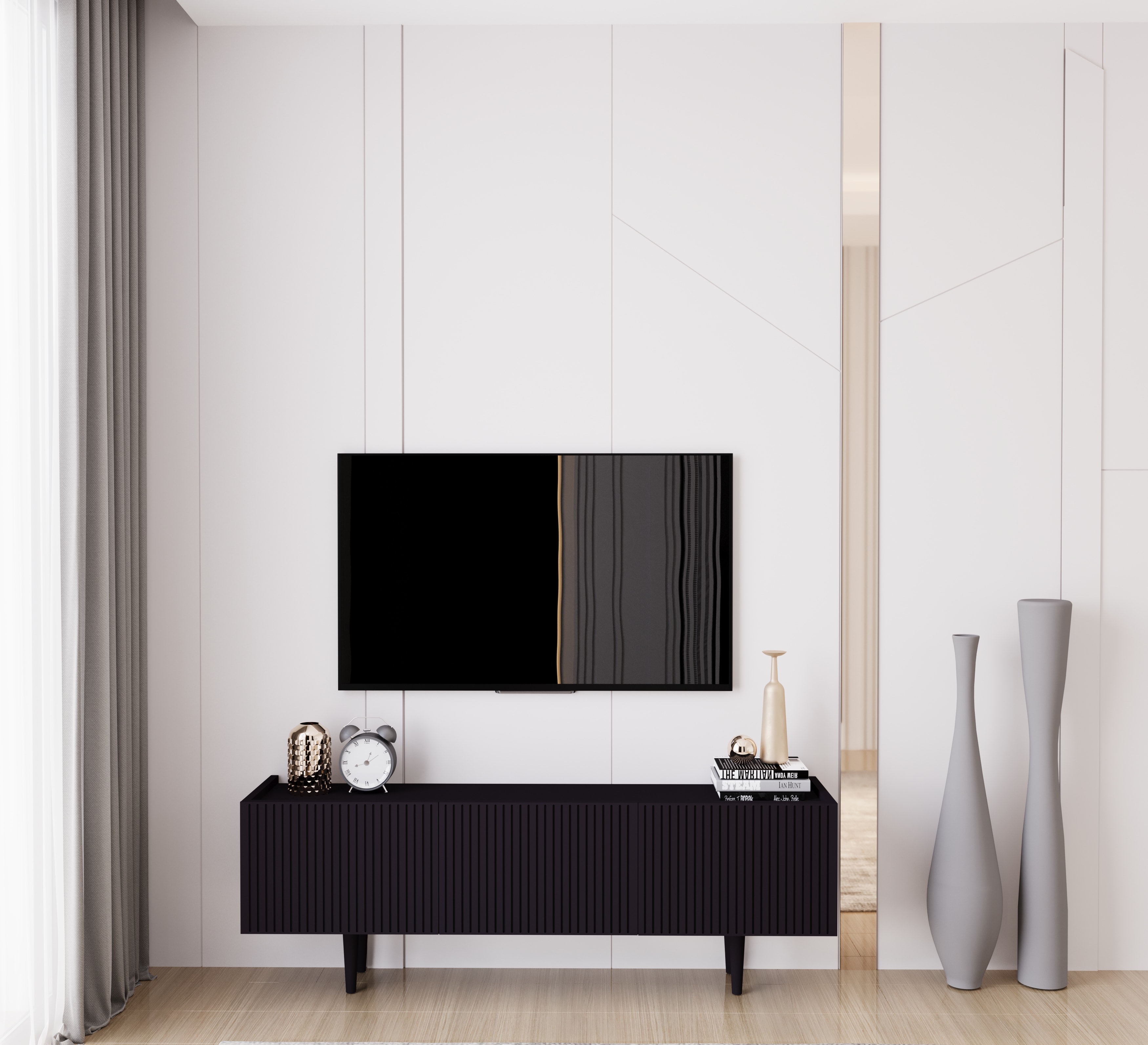 Capella 140 Cm Tv Ünitesi Mdf 3 Kapaklı Ahşap Ayaklı  - SİYAH