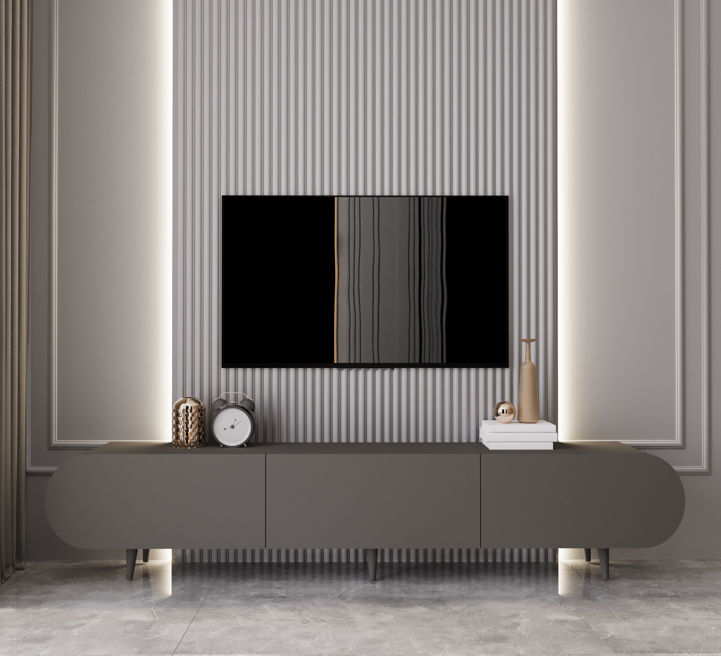 REGULUS MDF 3 KAPAKLI AHŞAP AYAKLI 180 Cm COUNTRY TV ÜNİTESİ - GRİ