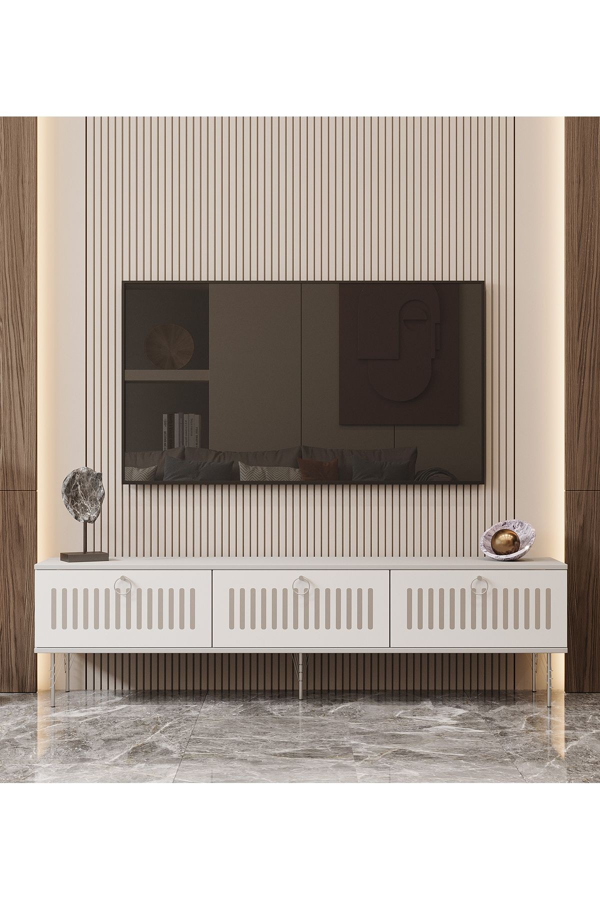 Andromeda SİLVER SERİSİ 180 cm 3 kapaklı MDF TV ÜNİTESİ 180 x 50 x 32 cm