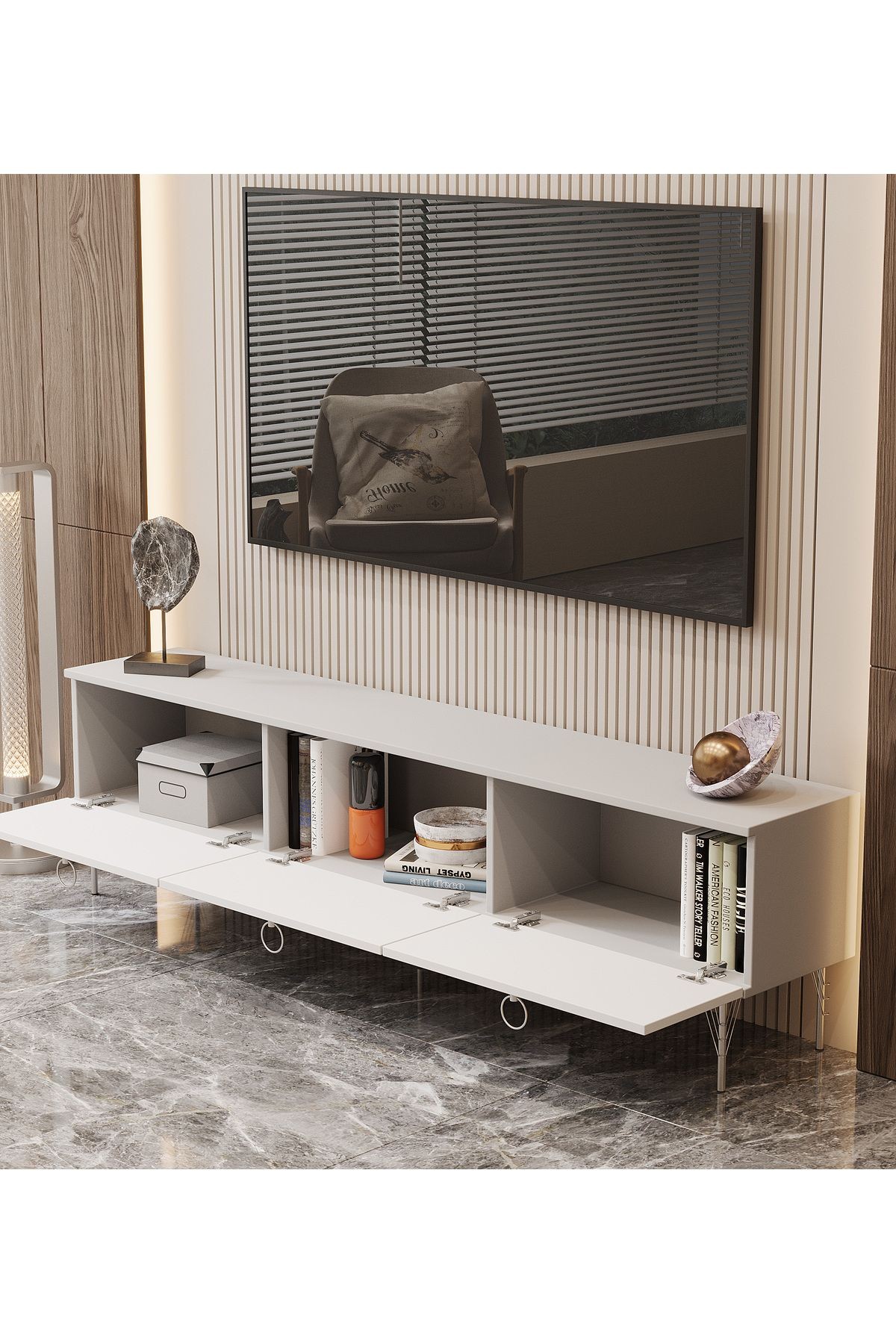 Andromeda SİLVER SERİSİ 180 cm 3 kapaklı MDF TV ÜNİTESİ 180 x 50 x 32 cm