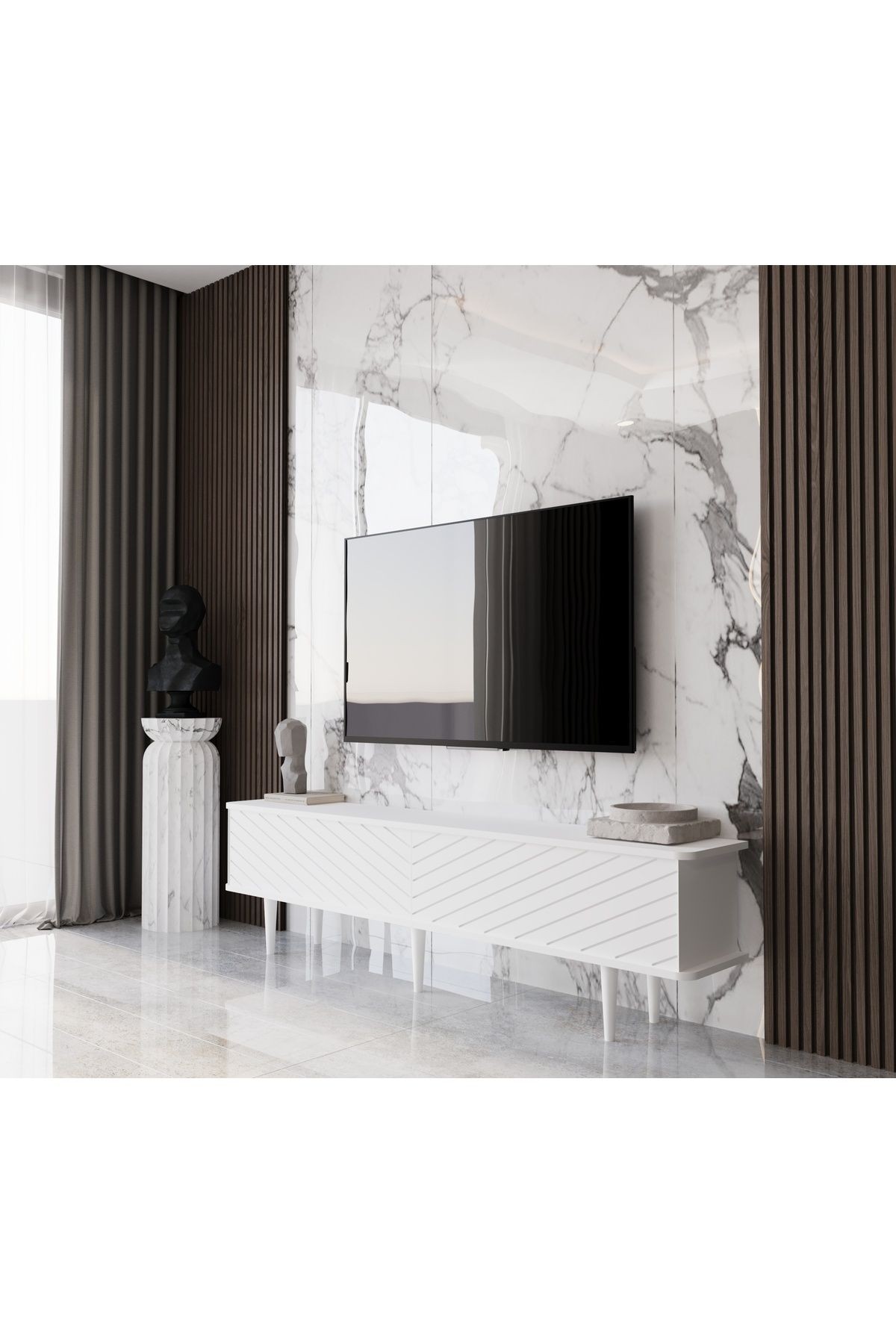 Pollux Country Mdf Beyaz 2 Kapaklı Ahşap Ayaklı 180 Cm Tv Ünitesi
