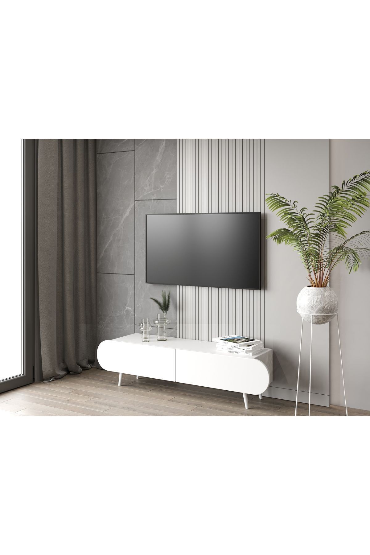 Regulus Beyaz Mdf 2 Kapaklı Ahşap Ayaklı 160 Cm Modern Tv Ünitesi