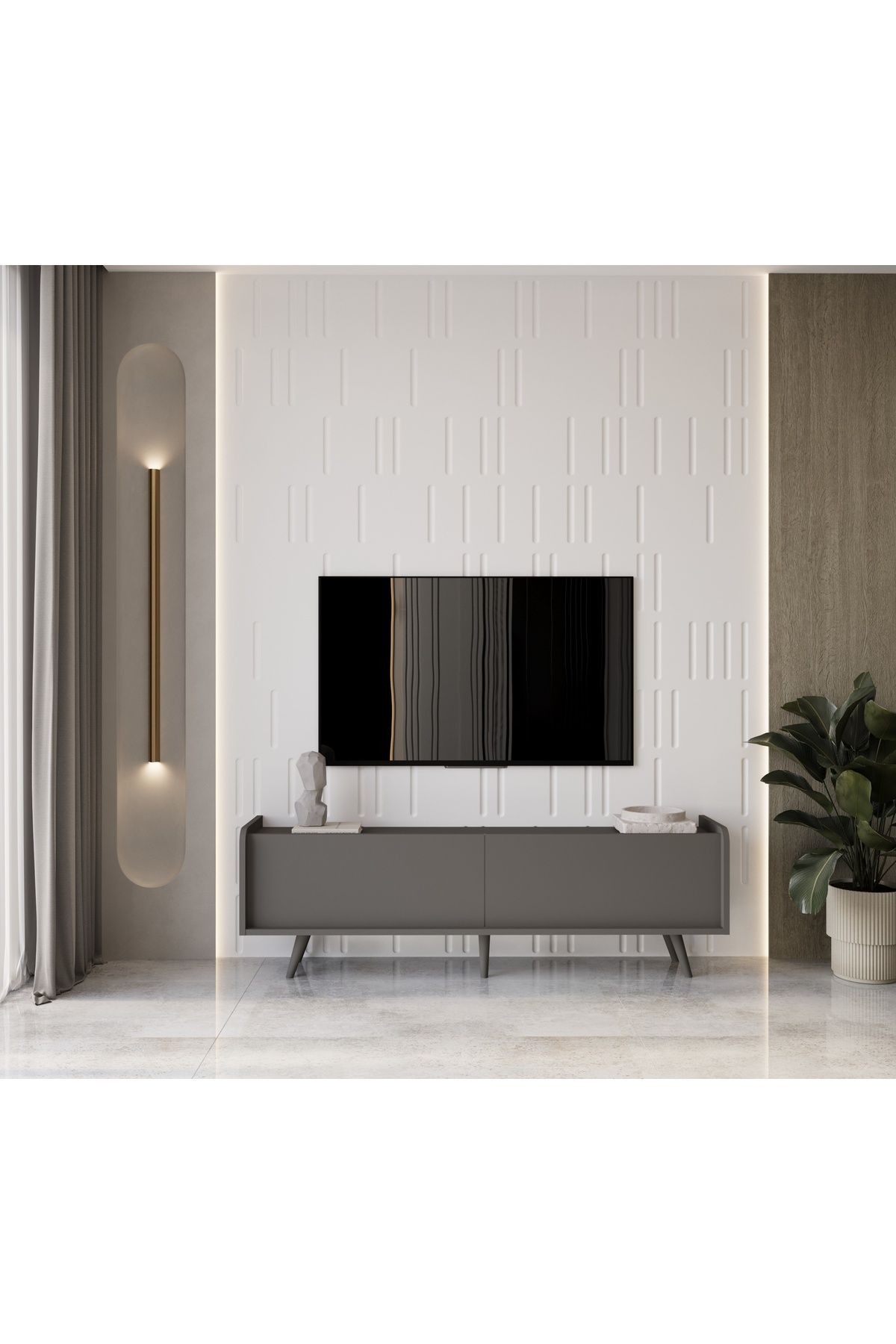 RİGEL GRİ MDF 2 KAPAKLI (DÜŞME KAPAK) AHŞAP AYAKLI 160 CM COUNTRY TV ÜNİTESİ