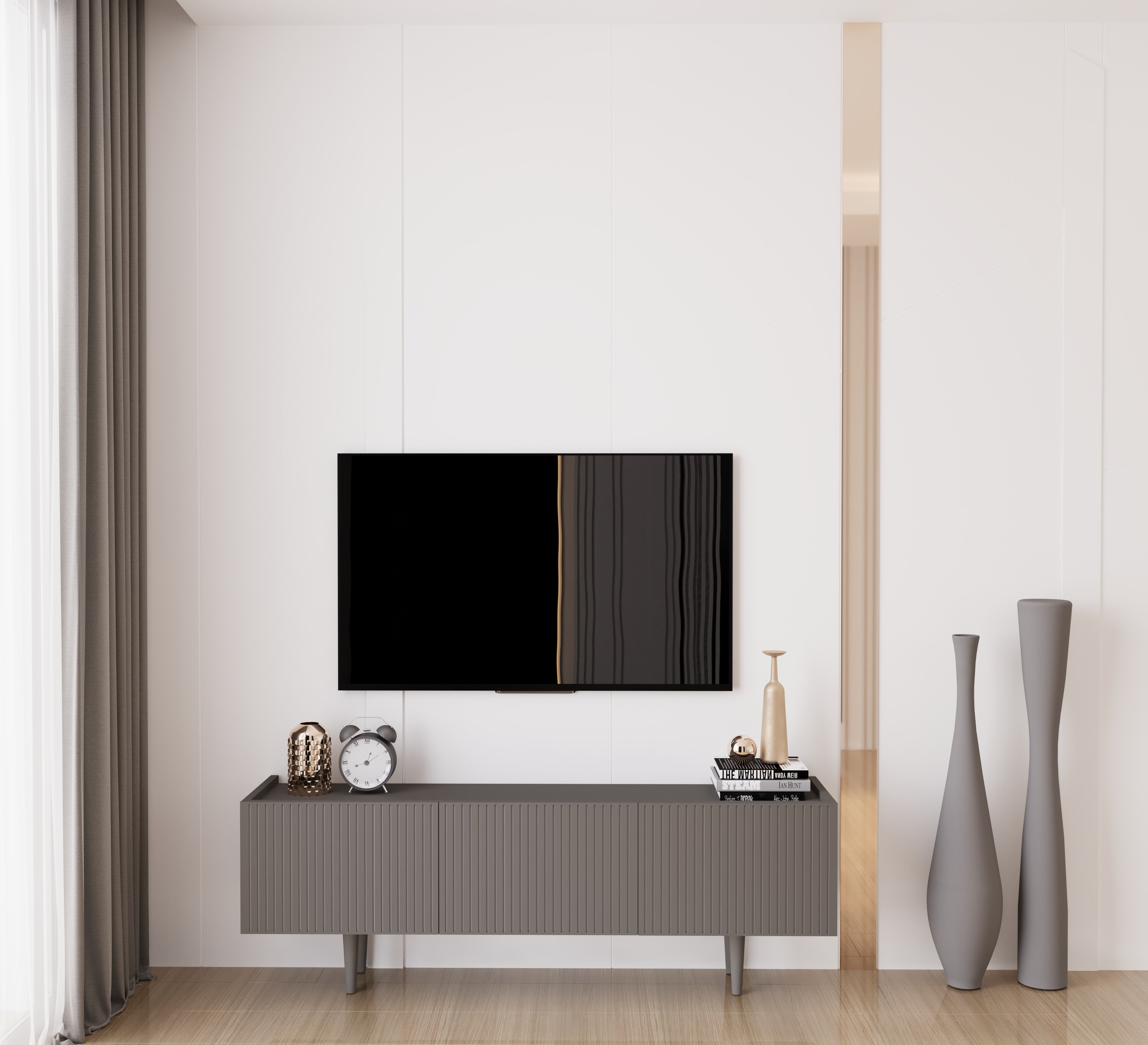 Capella 140 Cm Tv Ünitesi Mdf 3 Kapaklı Ahşap Ayaklı  - GRİ