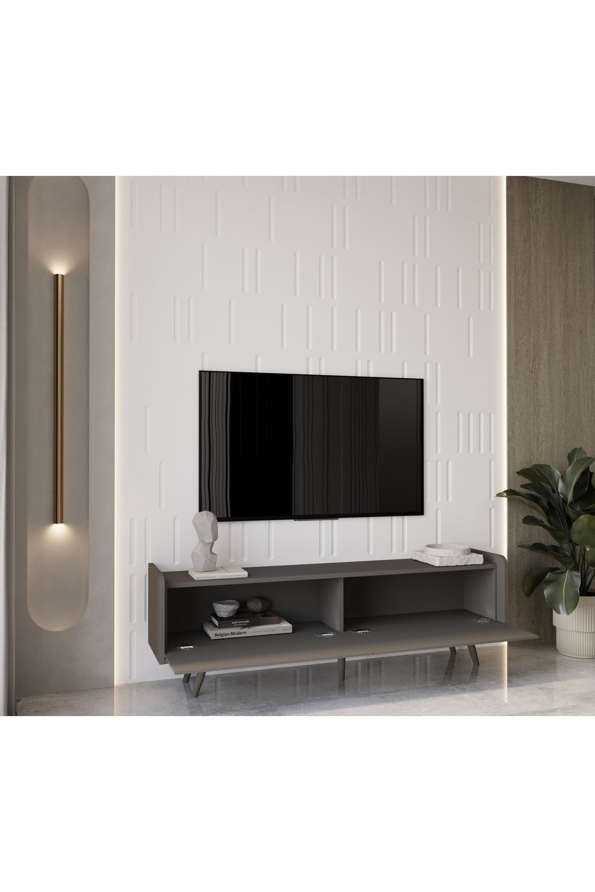 RİGEL GRİ MDF 2 KAPAKLI (DÜŞME KAPAK) AHŞAP AYAKLI 160 CM COUNTRY TV ÜNİTESİ