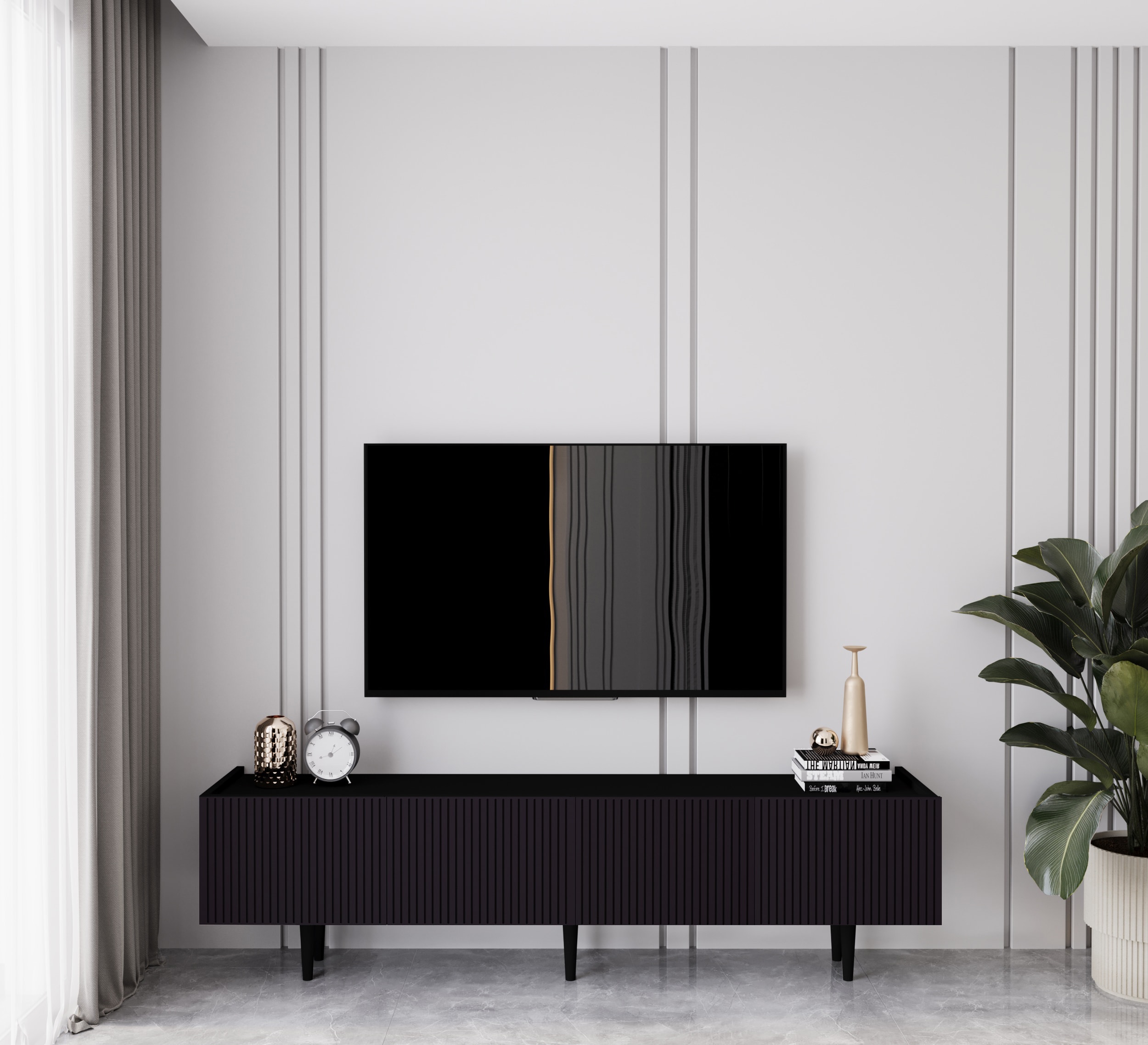 Capella 160 Cm Tv Ünitesi Mdf 4 Kapaklı Ahşap Ayaklı  - SİYAH
