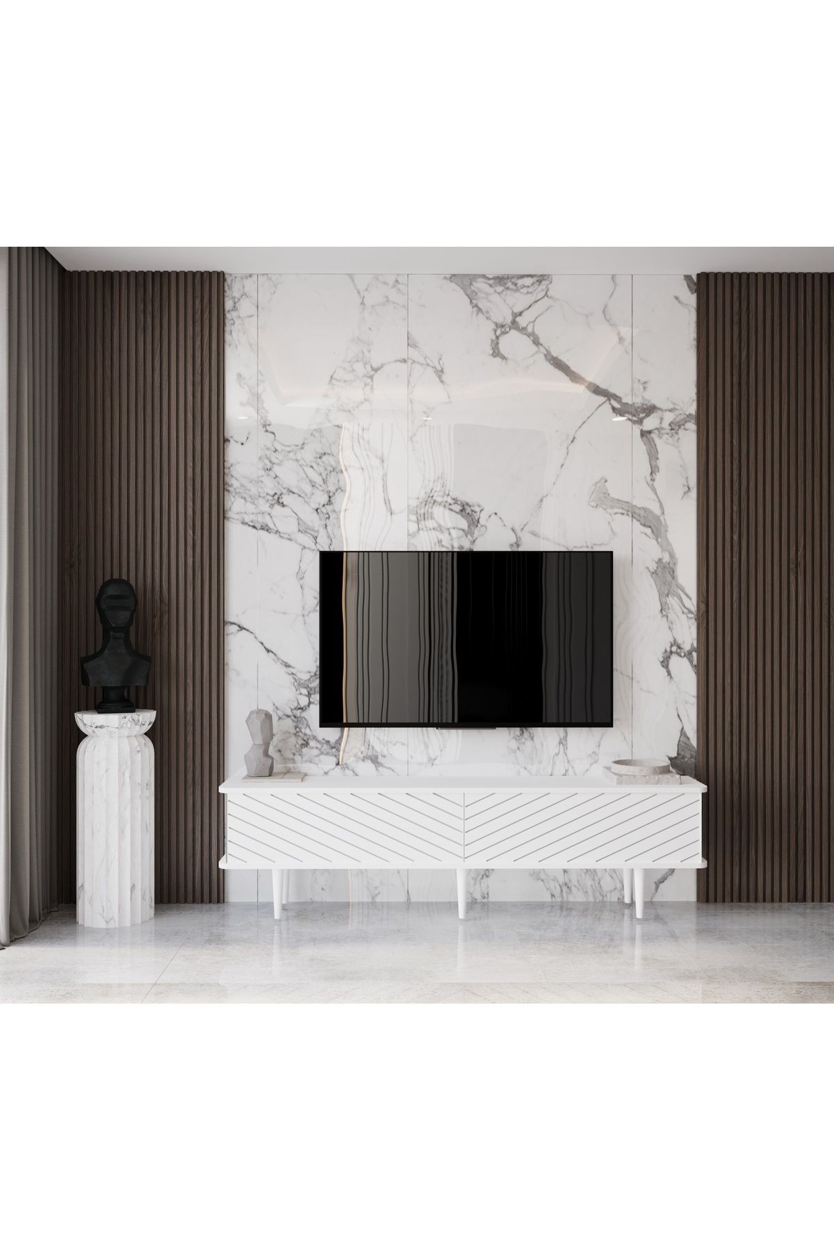 Pollux Country Mdf Beyaz 2 Kapaklı Ahşap Ayaklı 180 Cm Tv Ünitesi