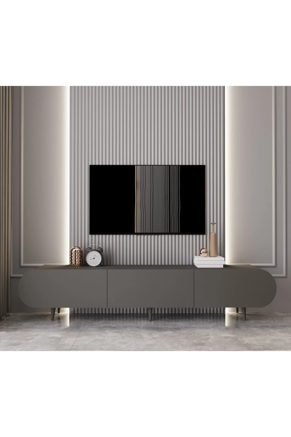 REGULUS MDF 3 KAPAKLI AHŞAP AYAKLI 200 Cm COUNTRY TV ÜNİTESİ - GRİ